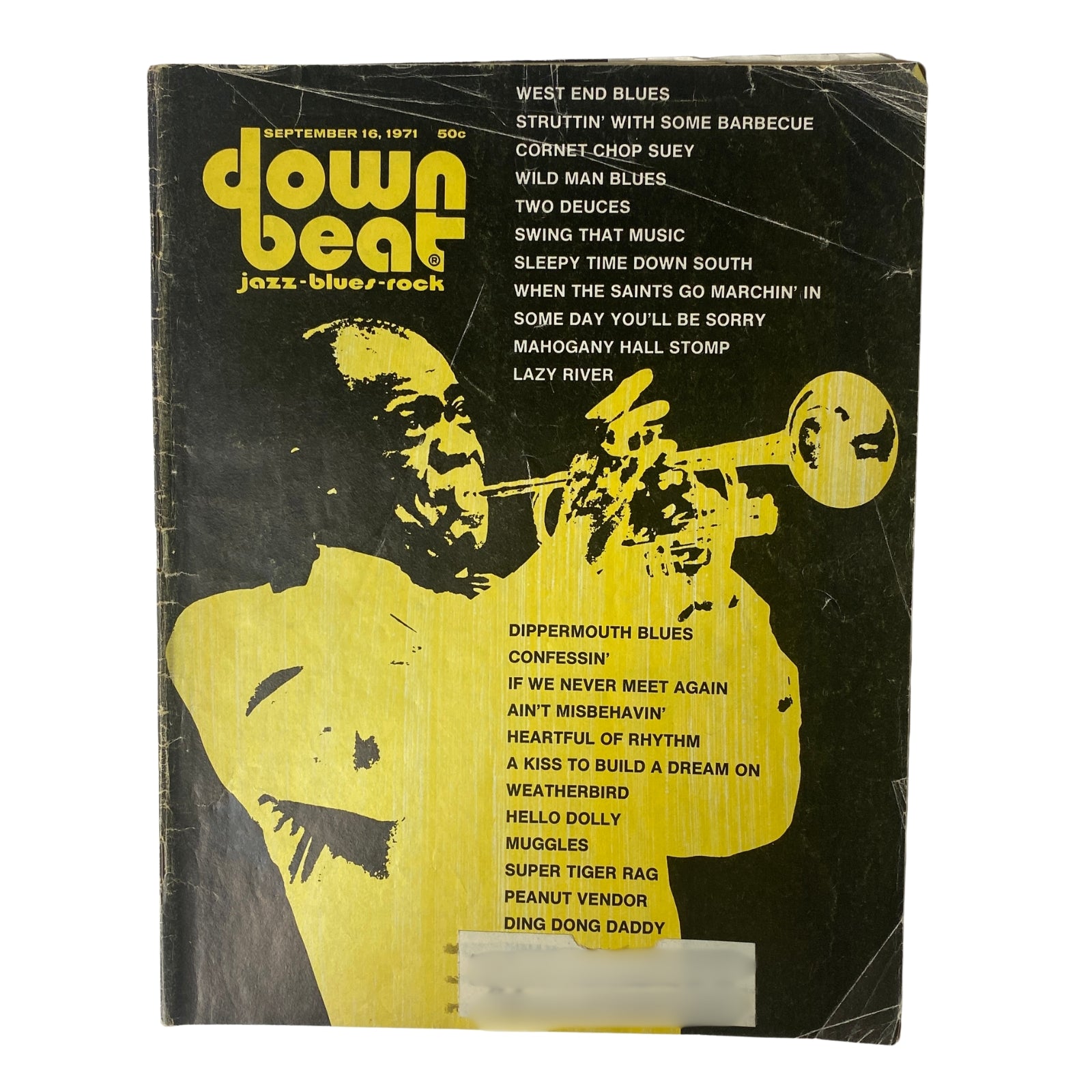 Cover of Down Beat Magazine September 16, 1971 Vol 38 No. 16 featuring Louis Armstrong, showcasing jazz, blues, and rock music highlights.