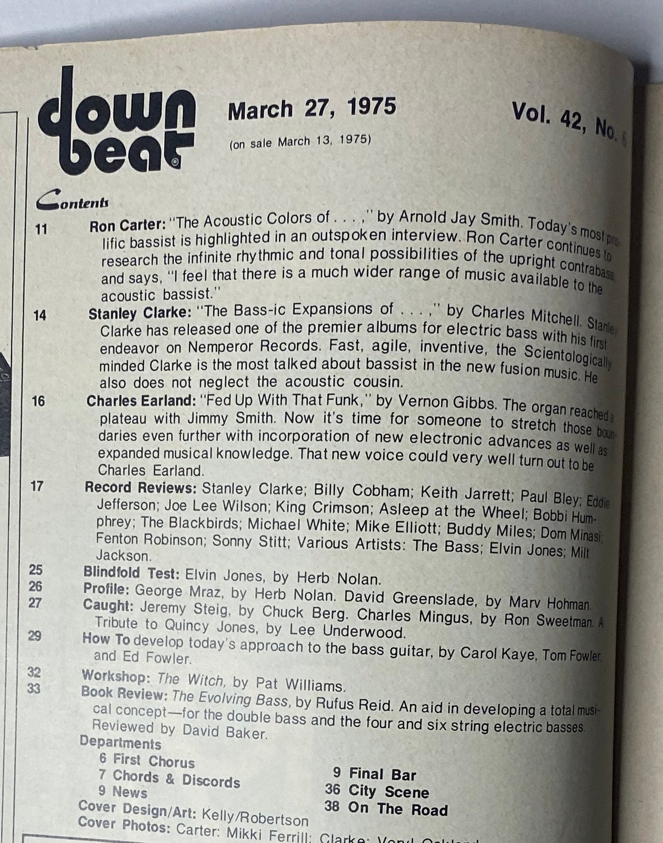 Table of contents from Down Beat Magazine, March 27, 1975, Vol. 42 No. 6, listing features on Ron Carter and Stanley Clarke, along with various articles and record reviews related to jazz.