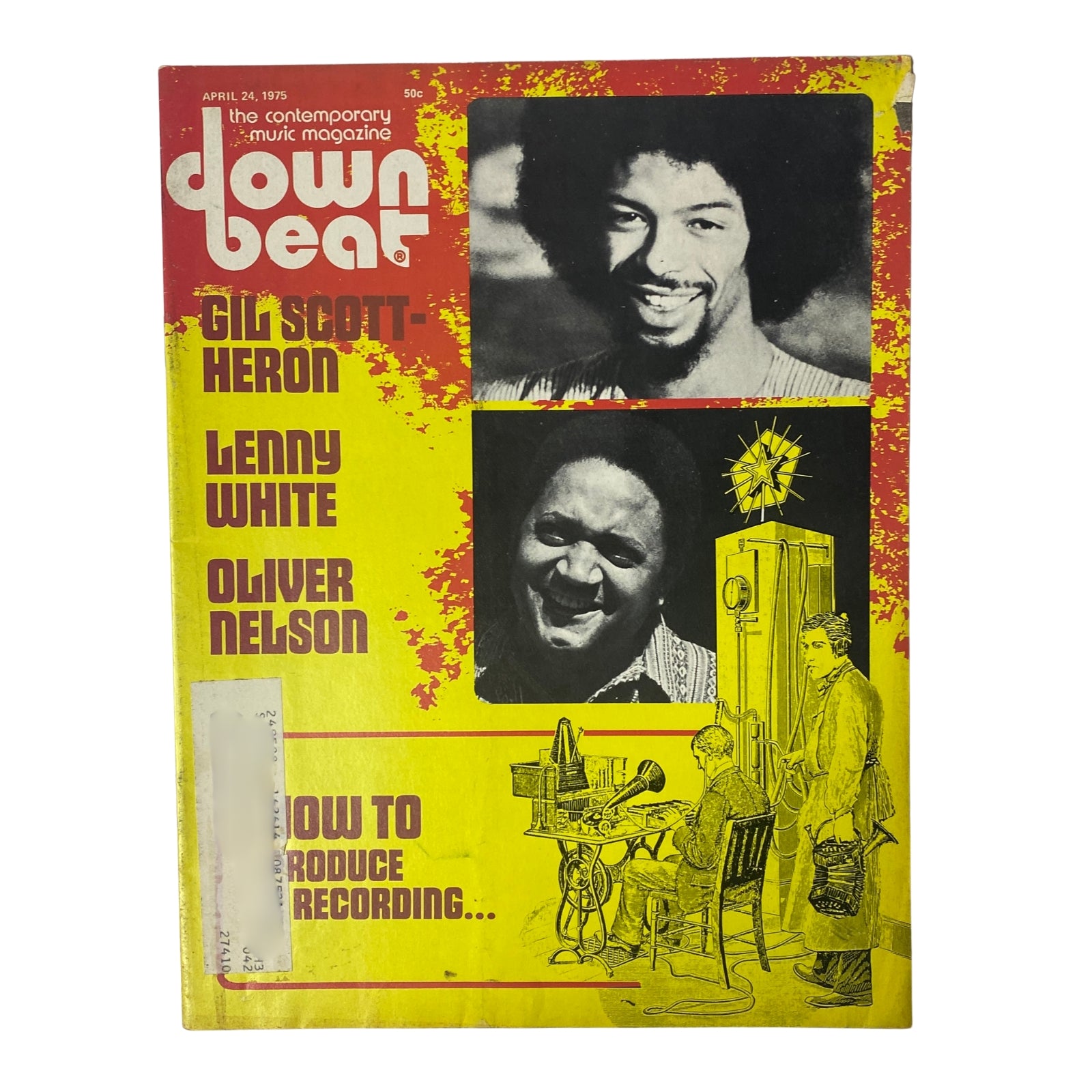 Down Beat Magazine April 24, 1975 Cover featuring Gil Scott-Heron, Lenny White, and Oliver Nelson, showcasing the issue's highlights on jazz and fusion.