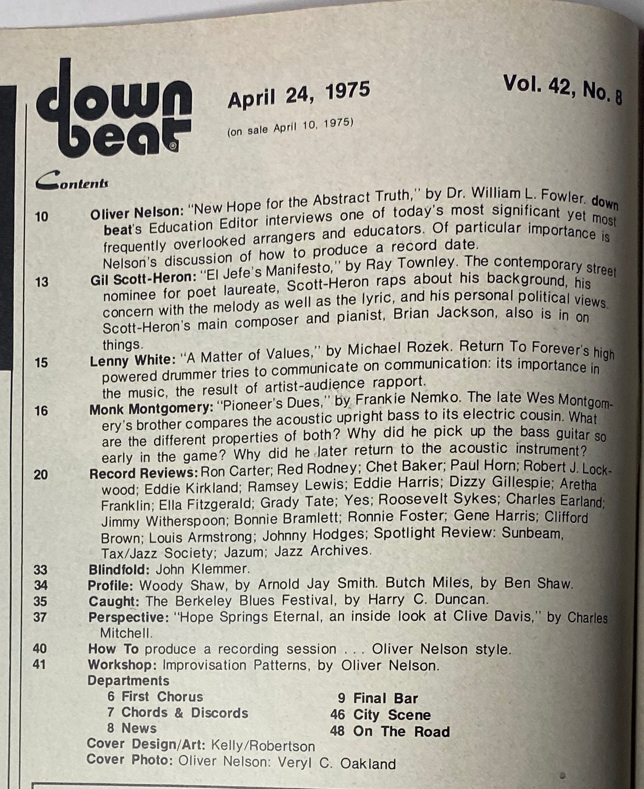 Table of Contents from Down Beat Magazine April 24, 1975 Vol 42 No. 8, detailing featured articles on Gil Scott-Heron, Lenny White, and music production techniques.