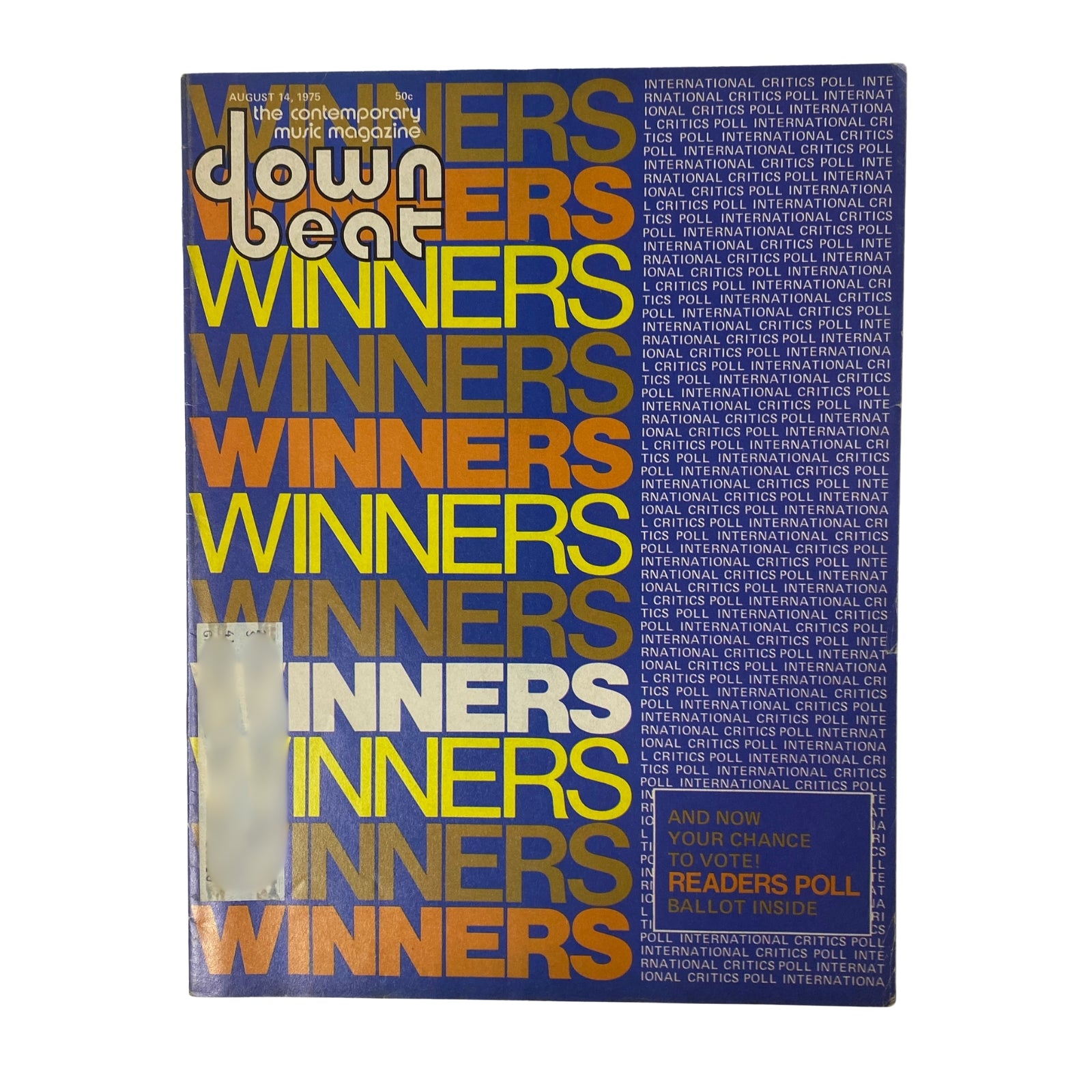 Cover of Down Beat Magazine, August 14, 1975, Volume 42, Number 14 featuring McCoy Tyner and Milt Jackson with a design highlighting 'WINNERS' from the 23rd International Critics Poll.