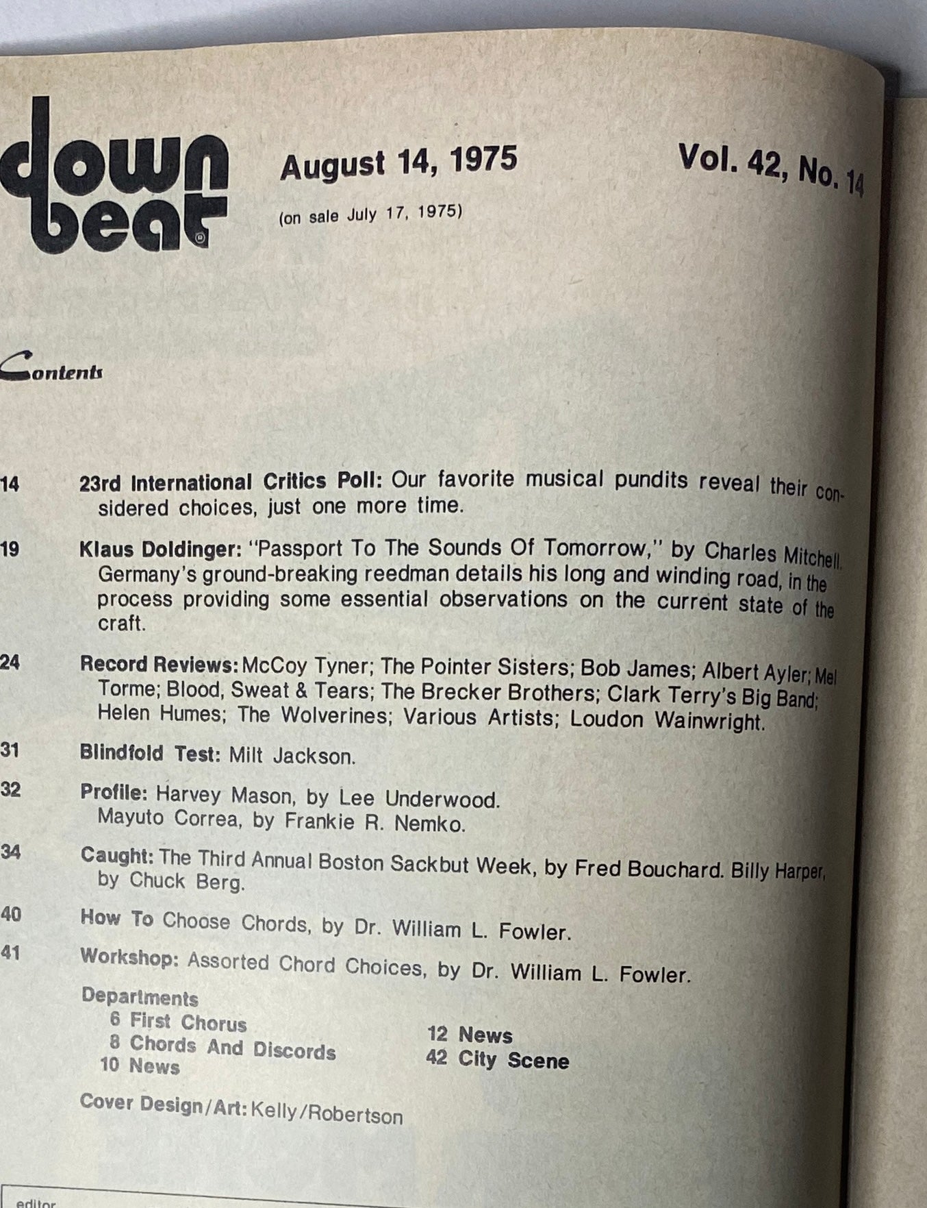 Down Beat Magazine August 14, 1975 Vol. 42 No. 14 featuring McCoy Tyner and Milt Jackson with articles on jazz, record reviews, and the 23rd International Critics Poll.
