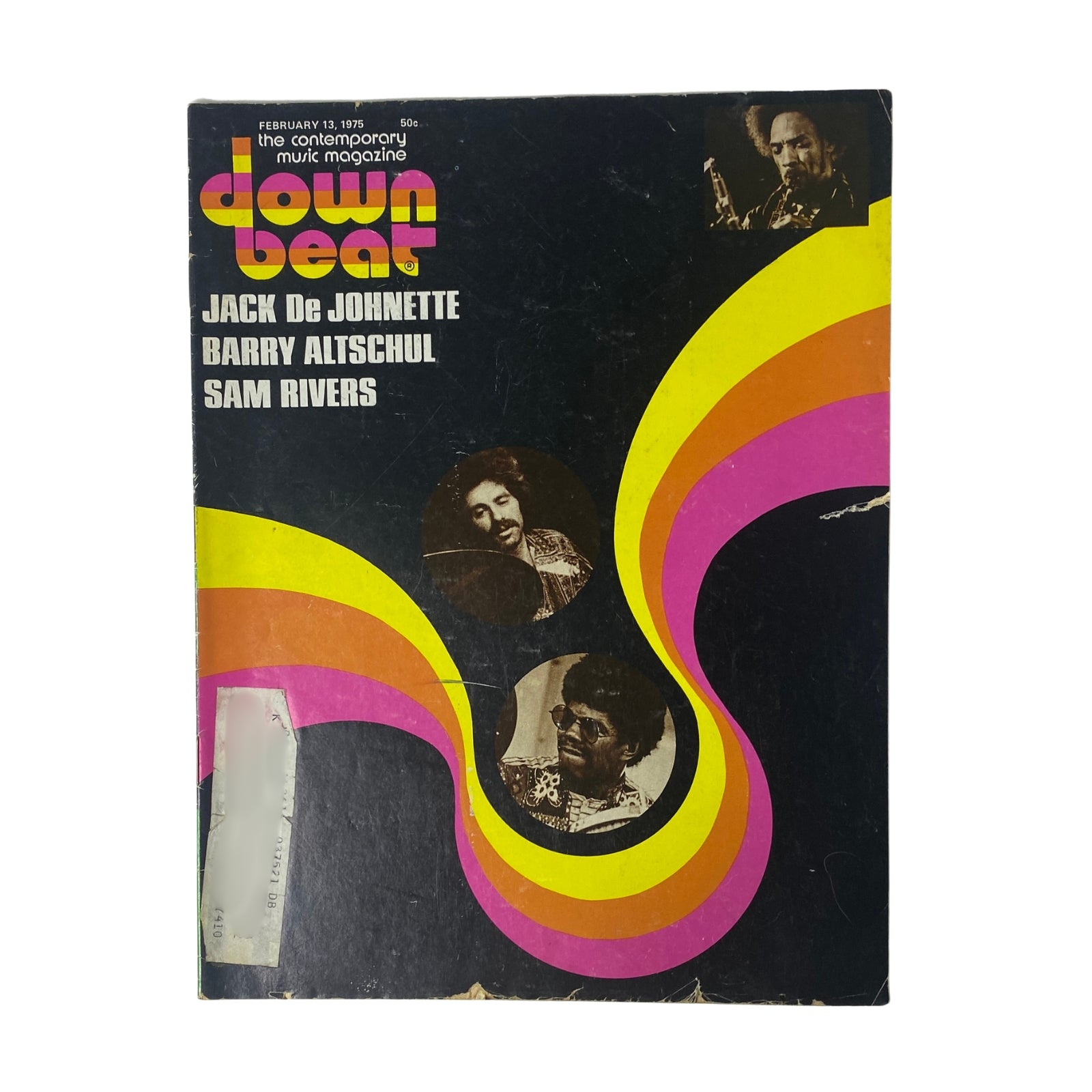 Cover of Down Beat Magazine February 13, 1975 Vol 42 No. 3 featuring Jack De Johnette, Barry Altschul, and Sam Rivers, showcasing vibrant, retro design elements.