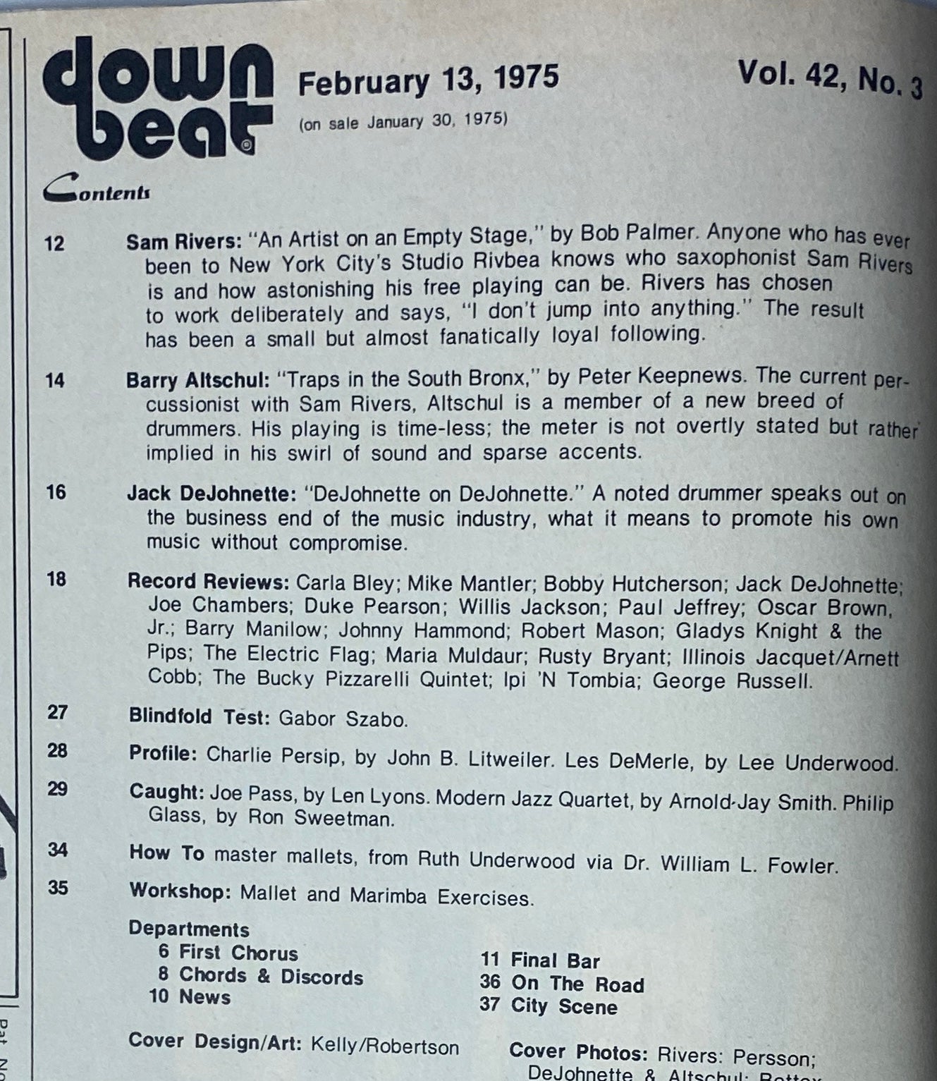 Table of contents of Down Beat Magazine February 13, 1975 Vol 42 No. 3, listing articles including Sam Rivers: 'An Artist on an Empty Stage' and profiles of other jazz musicians.