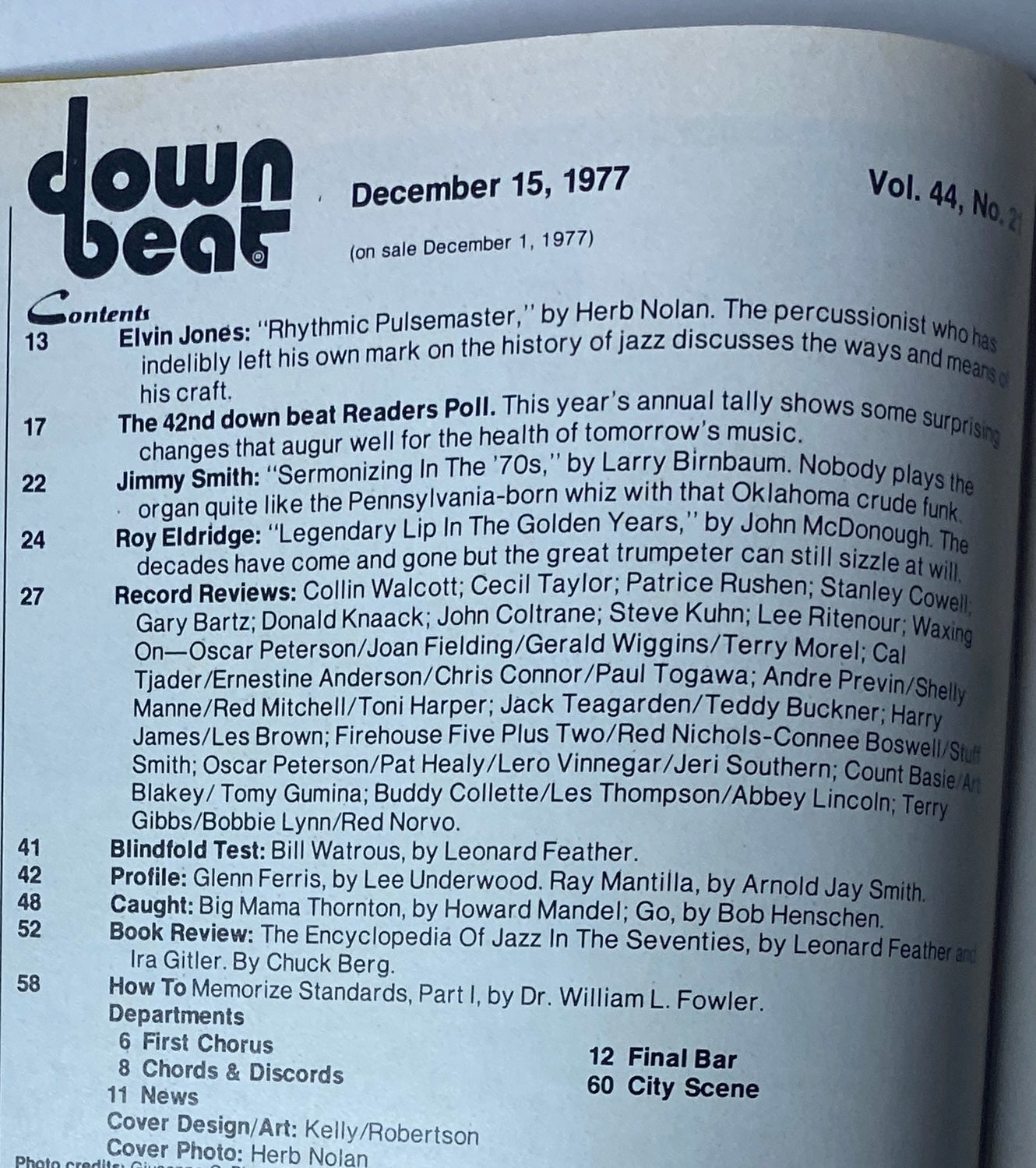Table of Contents for Down Beat Magazine December 15, 1977 Vol 44 No 21, displaying featured articles and content including profiles of Elvin Jones, Jimmy Smith, and Roy Eldridge.