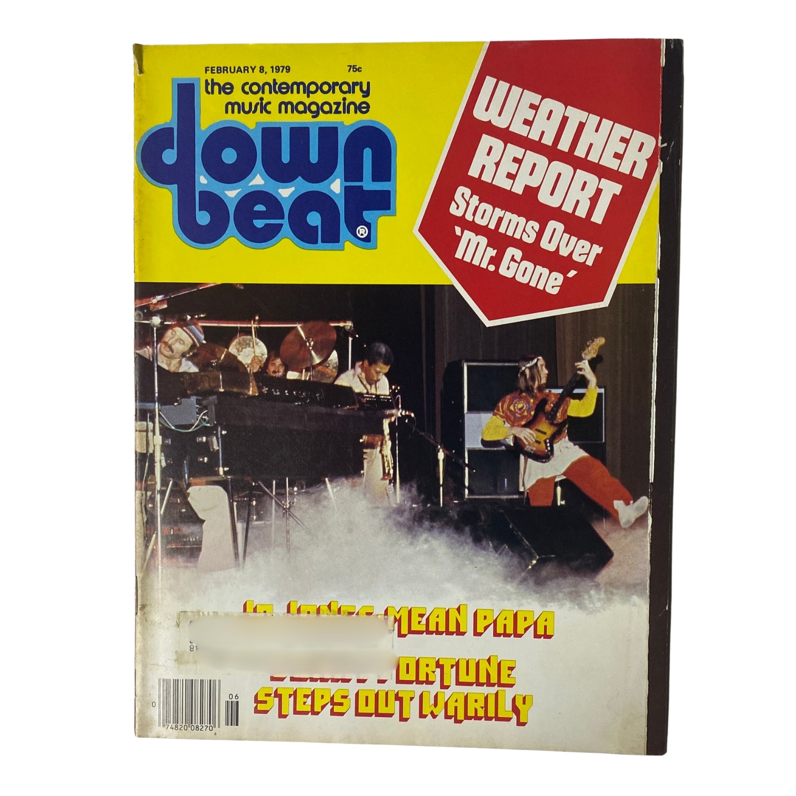 Down Beat Magazine cover from February 8, 1979, featuring a live performance with the headline 'Weather Report: Storms Over Mr. Gone.' Highlights Bobby Hutcherson and Sonny Fortune with vibrant visuals.