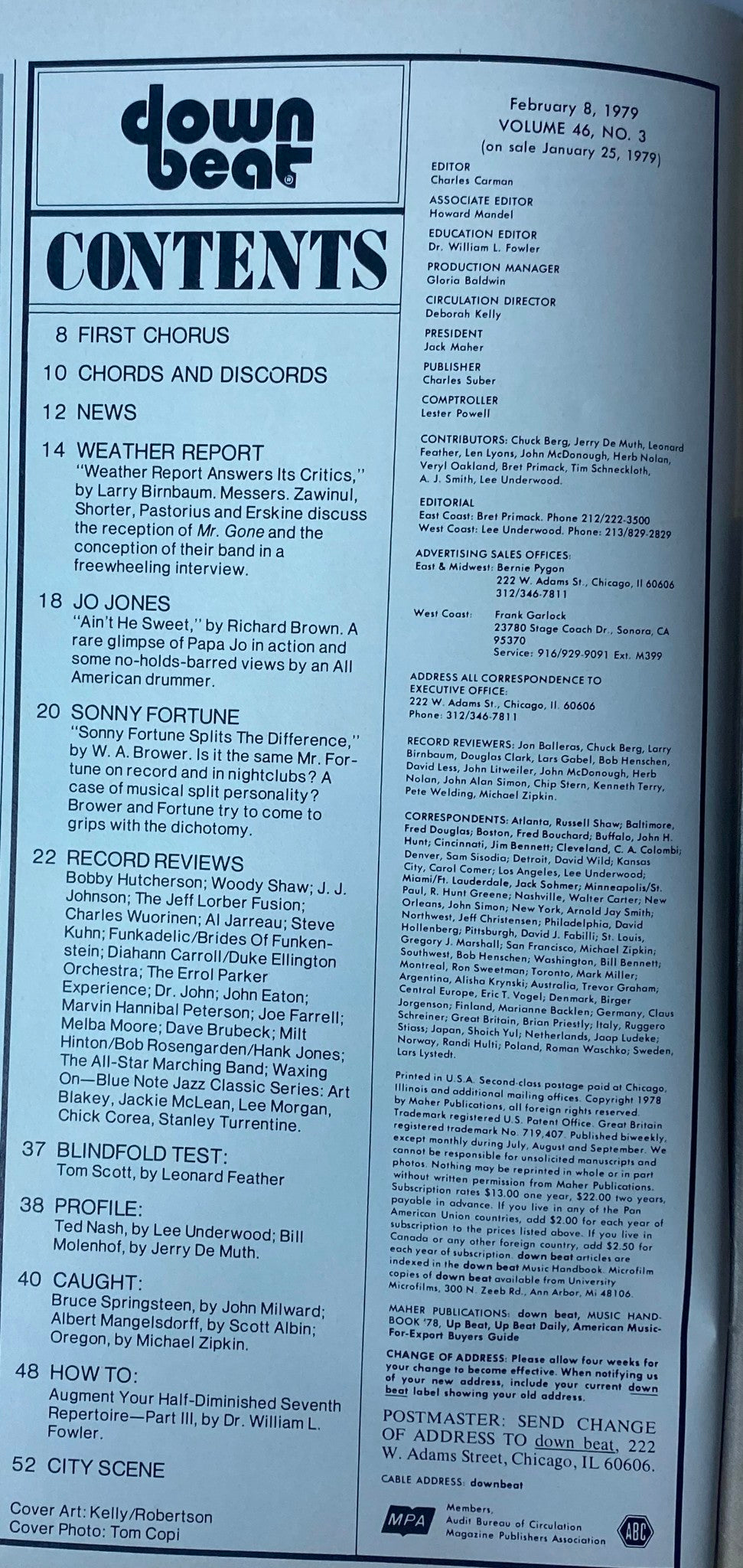Contents page of Down Beat Magazine, February 8, 1979, Volume 46, No. 3, listing articles including 'Weather Report' and features on Bobby Hutcherson and Sonny Fortune.