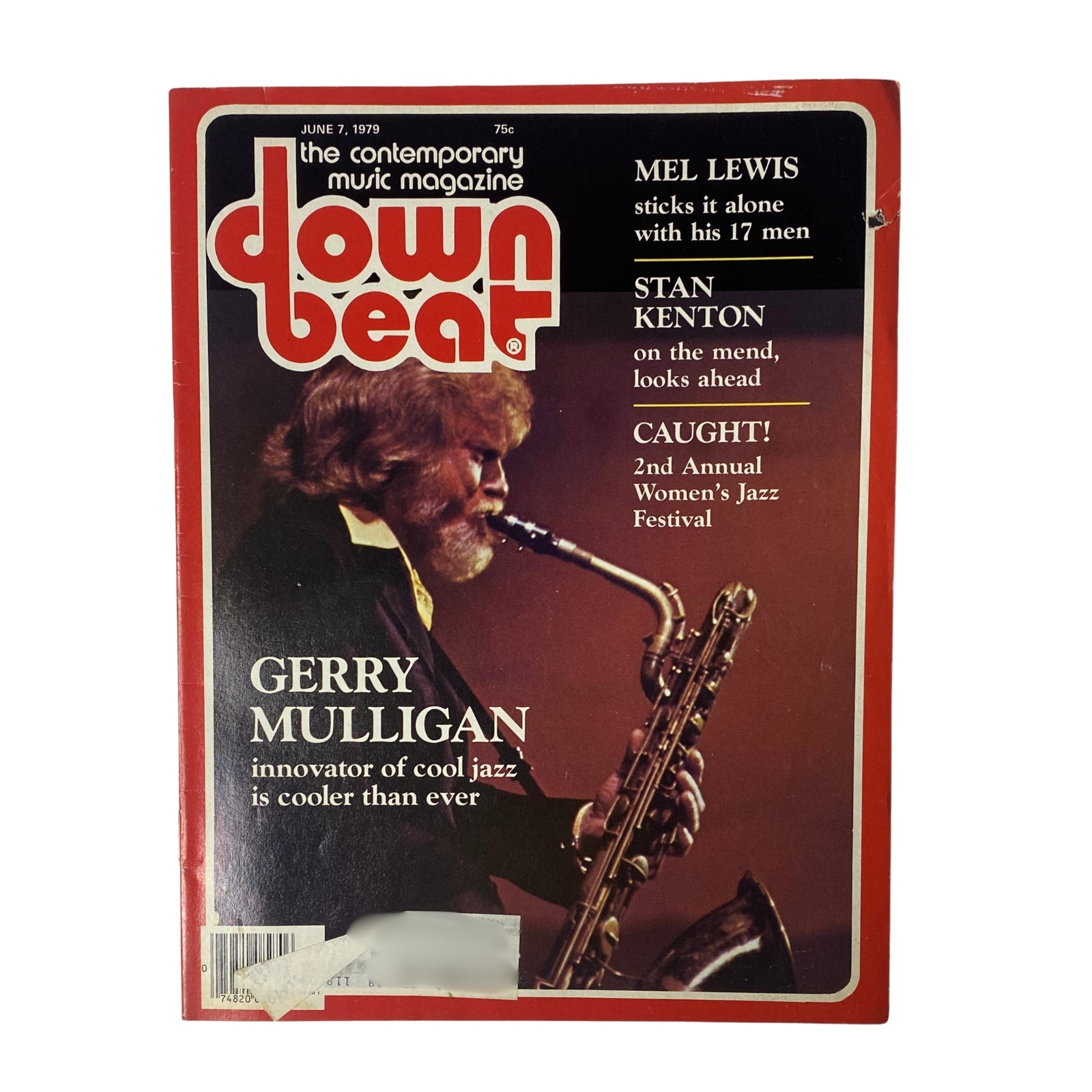 Cover of Down Beat Magazine June 7, 1979 Vol 46 No. 11 featuring Gerry Mulligan, showcasing the headline about Mel Lewis and Stan Kenton, with bold text highlighting Gerry Mulligan as the innovator of cool jazz.