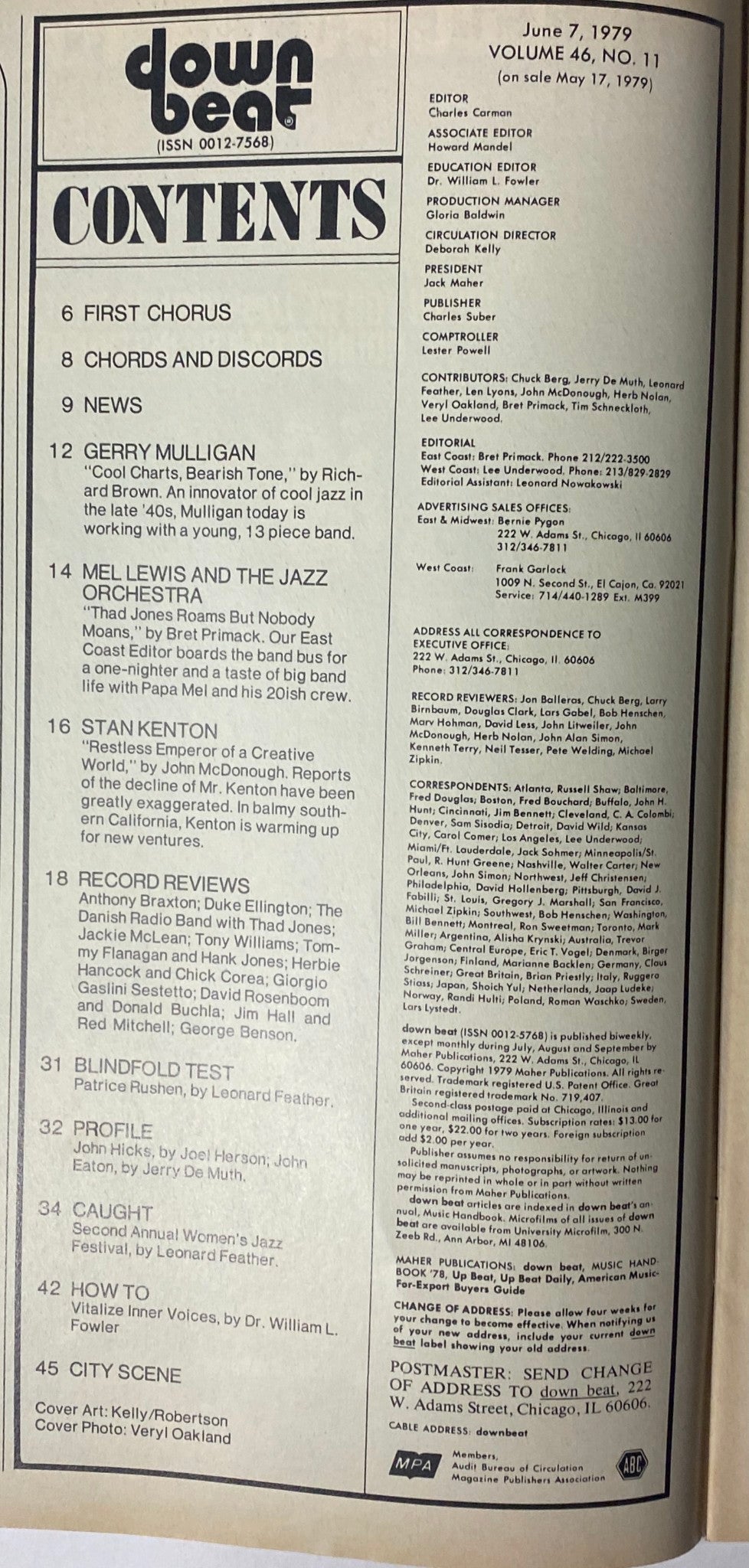 Contents page of Down Beat Magazine June 7, 1979 Vol 46 No. 11, listing features on Gerry Mulligan, Mel Lewis, and Stan Kenton, alongside various articles including record reviews and highlights of the Women’s Jazz Festival.