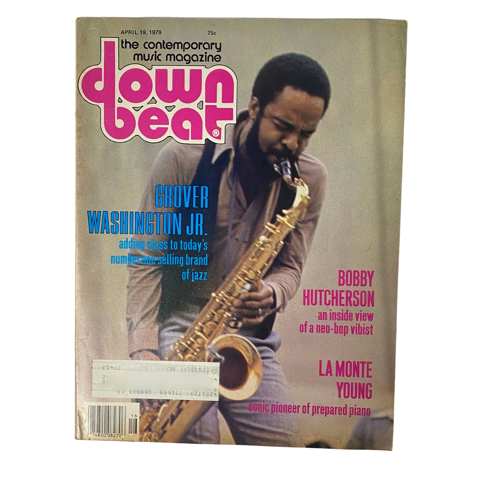 Down Beat Magazine cover from April 19, 1979, featuring Grover Washington Jr. playing saxophone, alongside headlines about Bobby Hutcherson and La Monte Young.