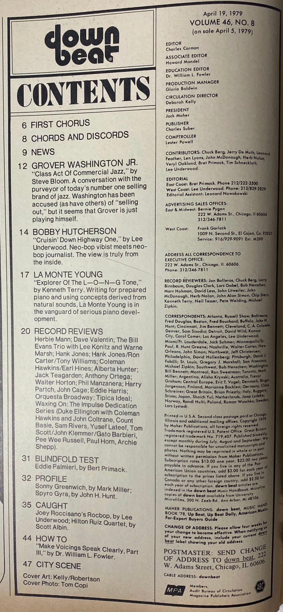 Contents page of Down Beat Magazine, April 19, 1979, Volume 46 No. 8, detailing features and highlights including Grover Washington Jr., Bobby Hutcherson, and La Monte Young.