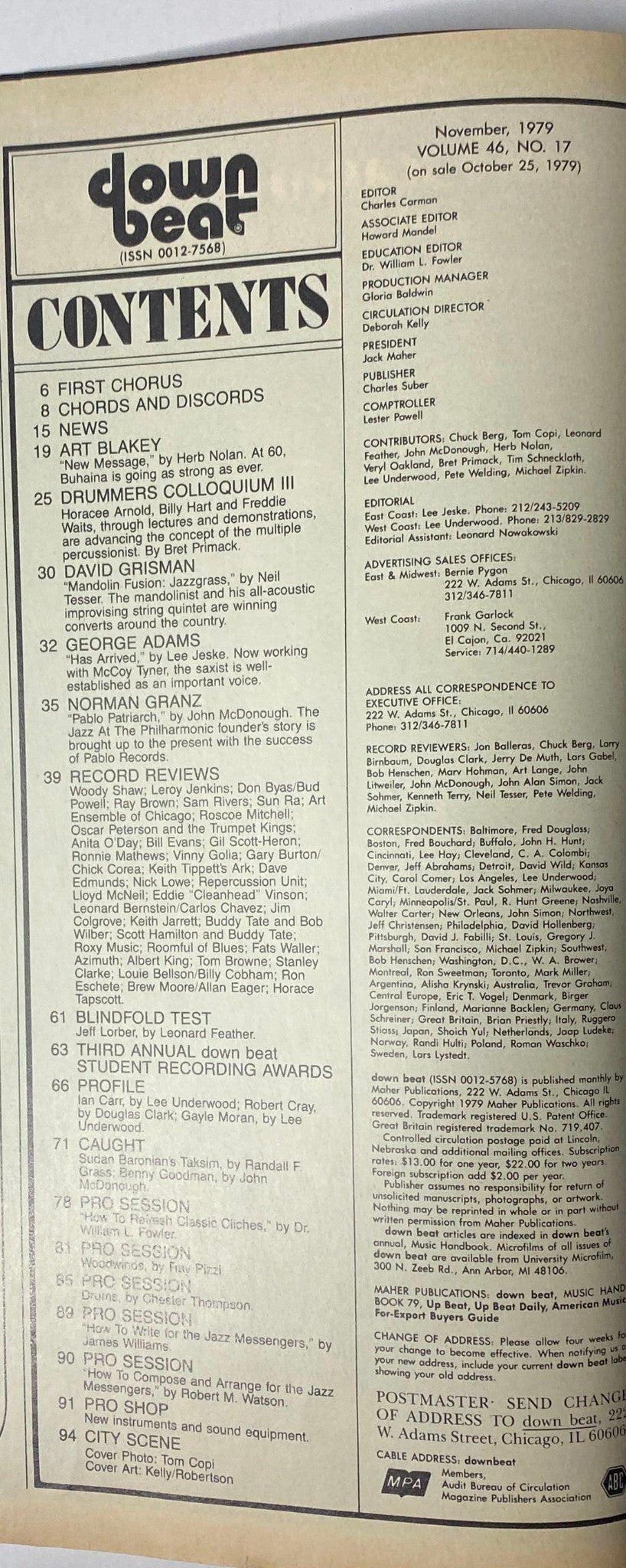 Contents page of Down Beat Magazine November 1979 Vol 46 No. 17 listing features including Art Blakey, George Adams, and various jazz reviews.