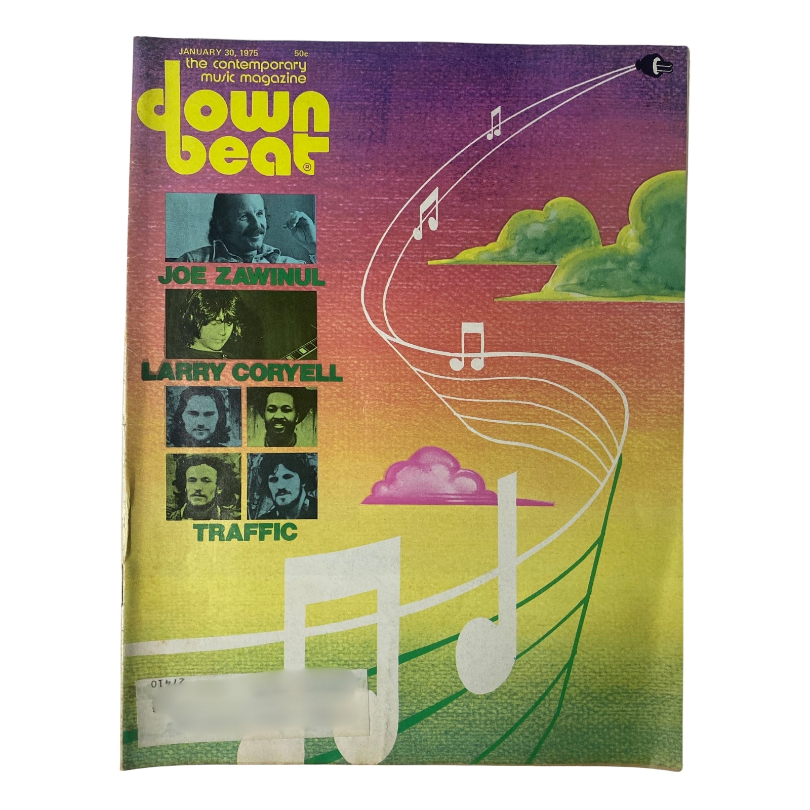 Cover of Down Beat Magazine January 30, 1975, featuring Joe Zawinul, Larry Coryell, and Traffic. The vibrant design includes musical notes and a colorful background, showcasing the fusion music era.