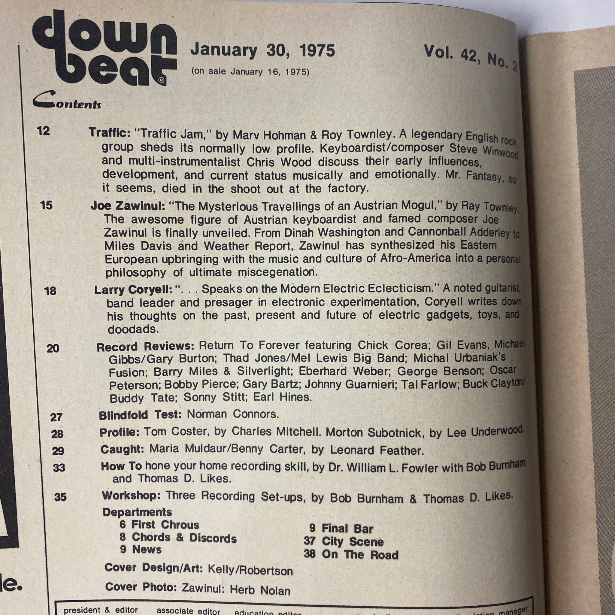 Down Beat Magazine January 30, 1975, Vol 42 No. 2 featuring contents page including highlights on Traffic, Joe Zawinul, Larry Coryell, and various record reviews.