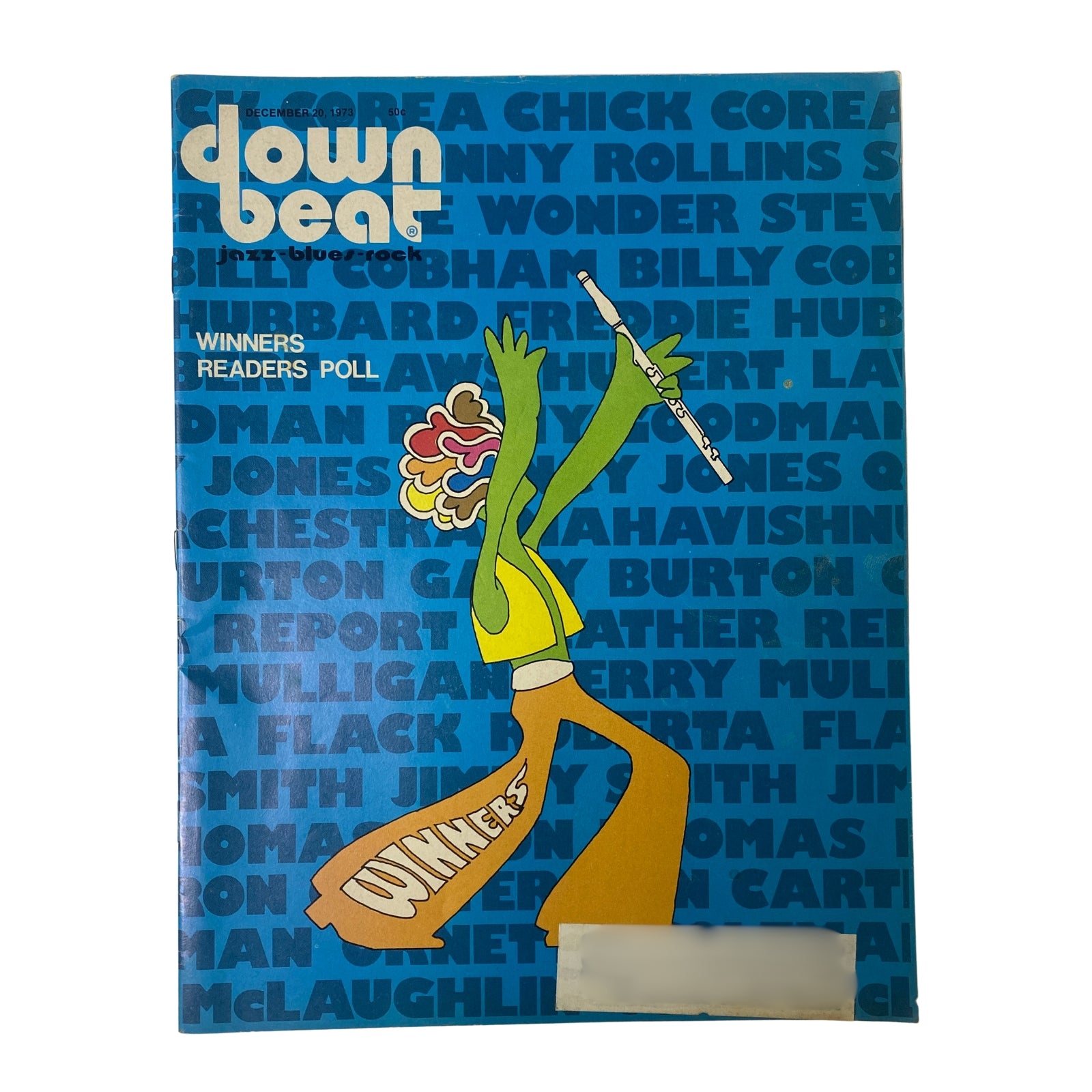 Cover of Down Beat Magazine, December 20, 1973, Vol 40 No. 21 Winners Readers Poll featuring a colorful illustration of a musician playing a flute with the word 'WINNERS' prominently displayed.