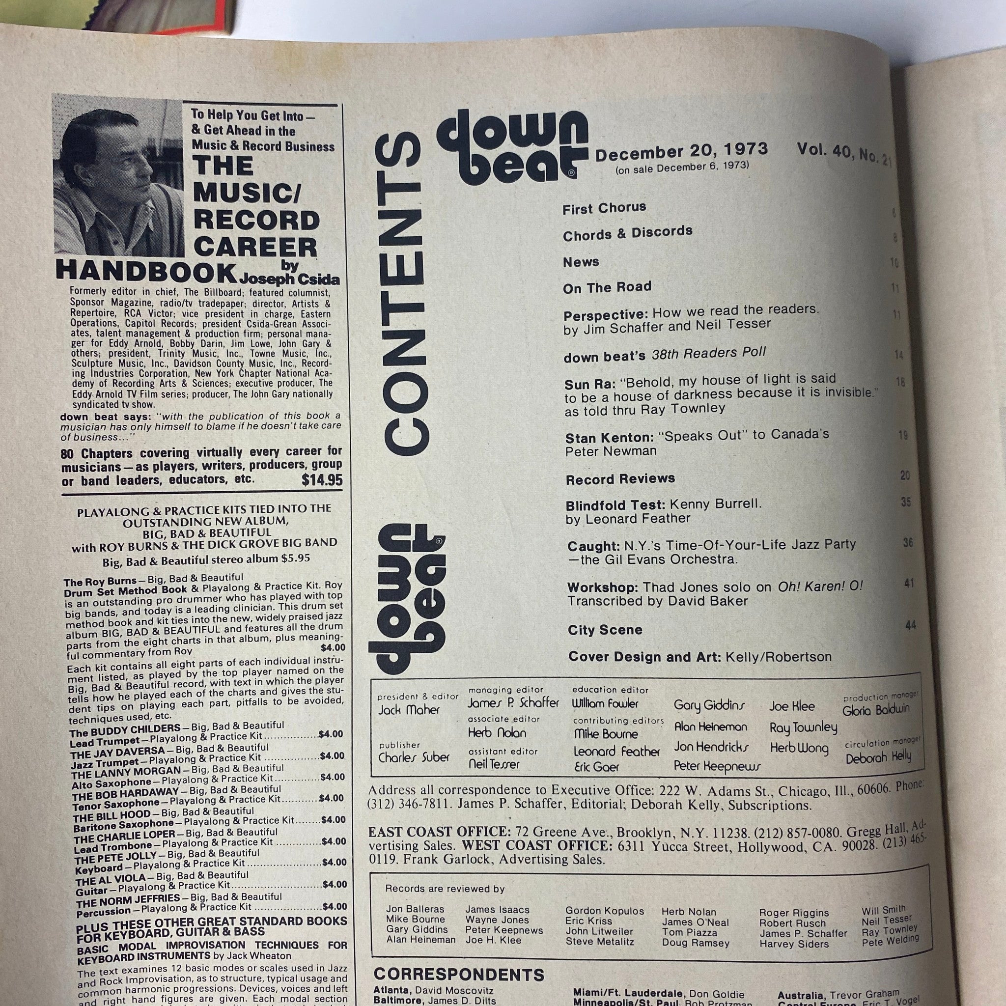 Table of contents page from Down Beat Magazine, December 20, 1973, Vol 40 No. 21 showcasing various articles including editorial content by Jim Schaffer and Neil Tesser, and a list of featured performers.