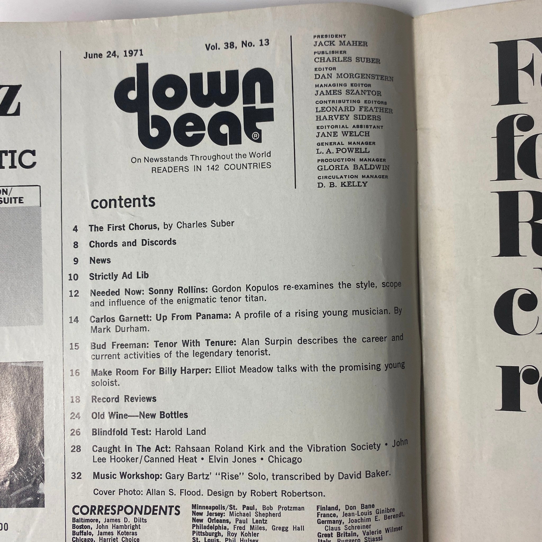 Table of contents from Down Beat Magazine June 24, 1971, Vol 38 No. 13, outlining features on Sonny Rollins, Bud Freeman, and others in jazz.