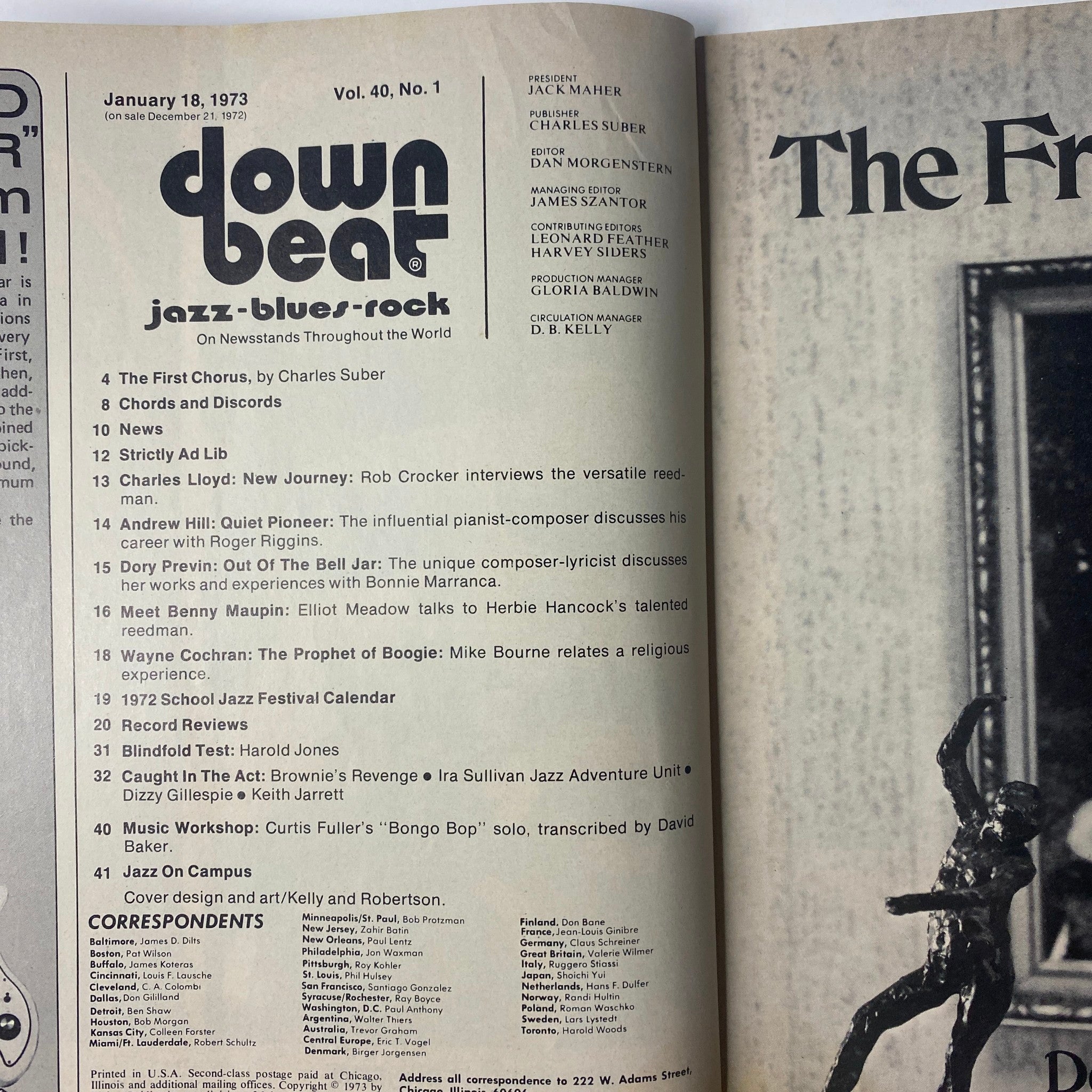 Inside page of Down Beat Magazine January 18, 1973 Vol 40 No. 1 featuring the table of contents, including articles such as 'The First Chorus,' 'Chords and Discords,' and profiles on jazz artists like Charles Lloyd and Benny Maupin.