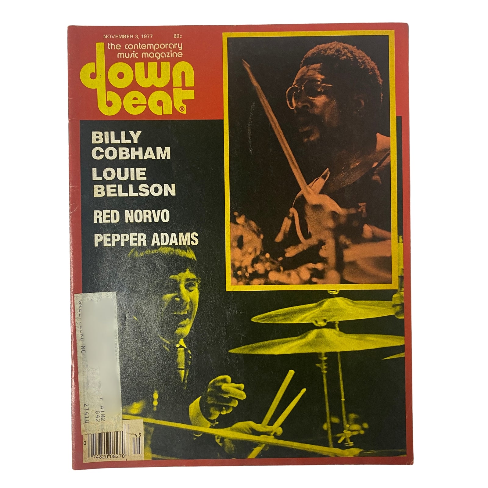 Cover of Down Beat Magazine, November 3, 1977 Vol 44 No 18 featuring Billy Cobham and Louie Bellson, showcasing prominent drummers.