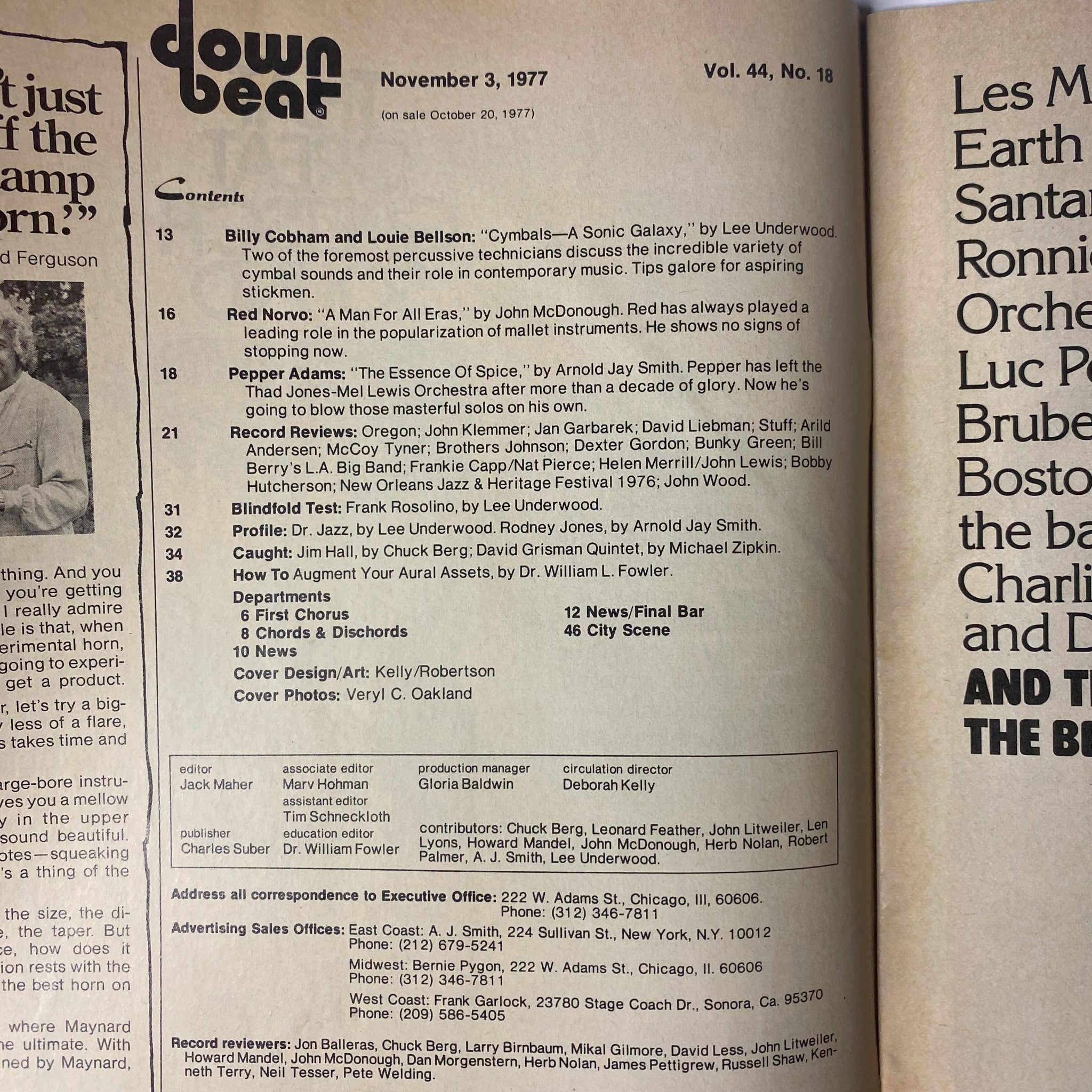 Contents page of Down Beat Magazine, November 3, 1977 Vol 44 No 18 detailing articles on Billy Cobham, Louie Bellson, Red Norvo, and Pepper Adams.