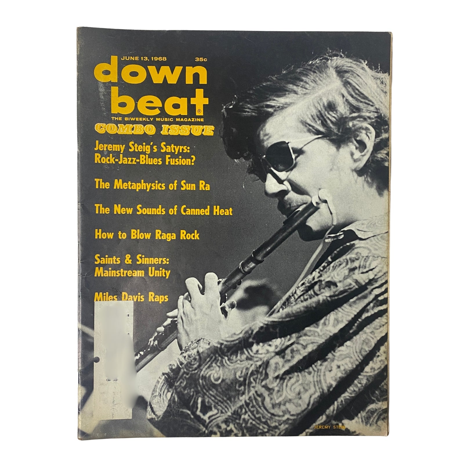 Cover of Down Beat Magazine June 13, 1968 Vol 35 No. 12 featuring Jeremy Steig with his flute, the headline highlights the innovative fusion of rock, jazz, and blues with key articles on various jazz artists including Miles Davis.