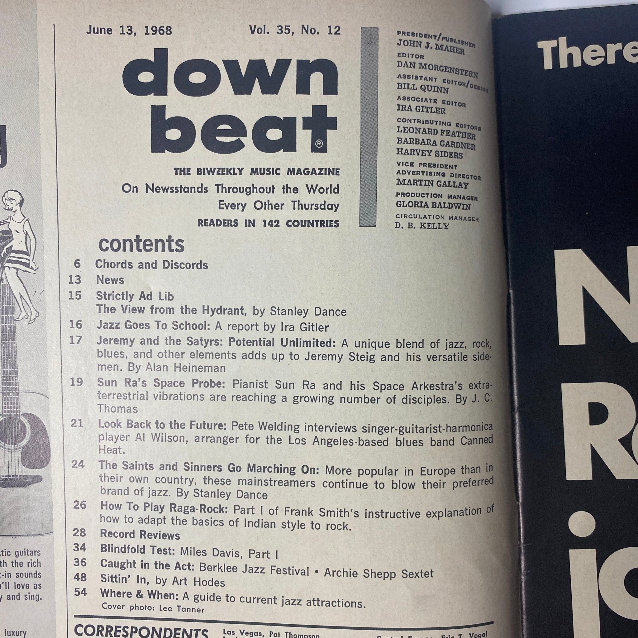 Contents page of Down Beat Magazine June 13, 1968 Vol 35 No. 12, listing articles including 'The View from the Hydrant', 'Jeremy and the Satyrs: Potential Unlimited', and 'How to Blow Raga Rock', showcasing the rich content focused on jazz music.