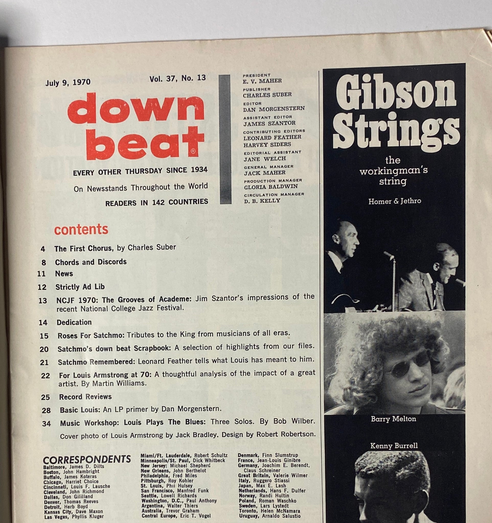 Cover of Down Beat Magazine, July 9, 1970, Vol. 37 No. 13, featuring an iconic portrait of Louis Armstrong by Jack Bradley, with design elements by Robert Robertson. The magazine includes contents such as tributes and retrospectives celebrating Armstrong's 70th birthday.