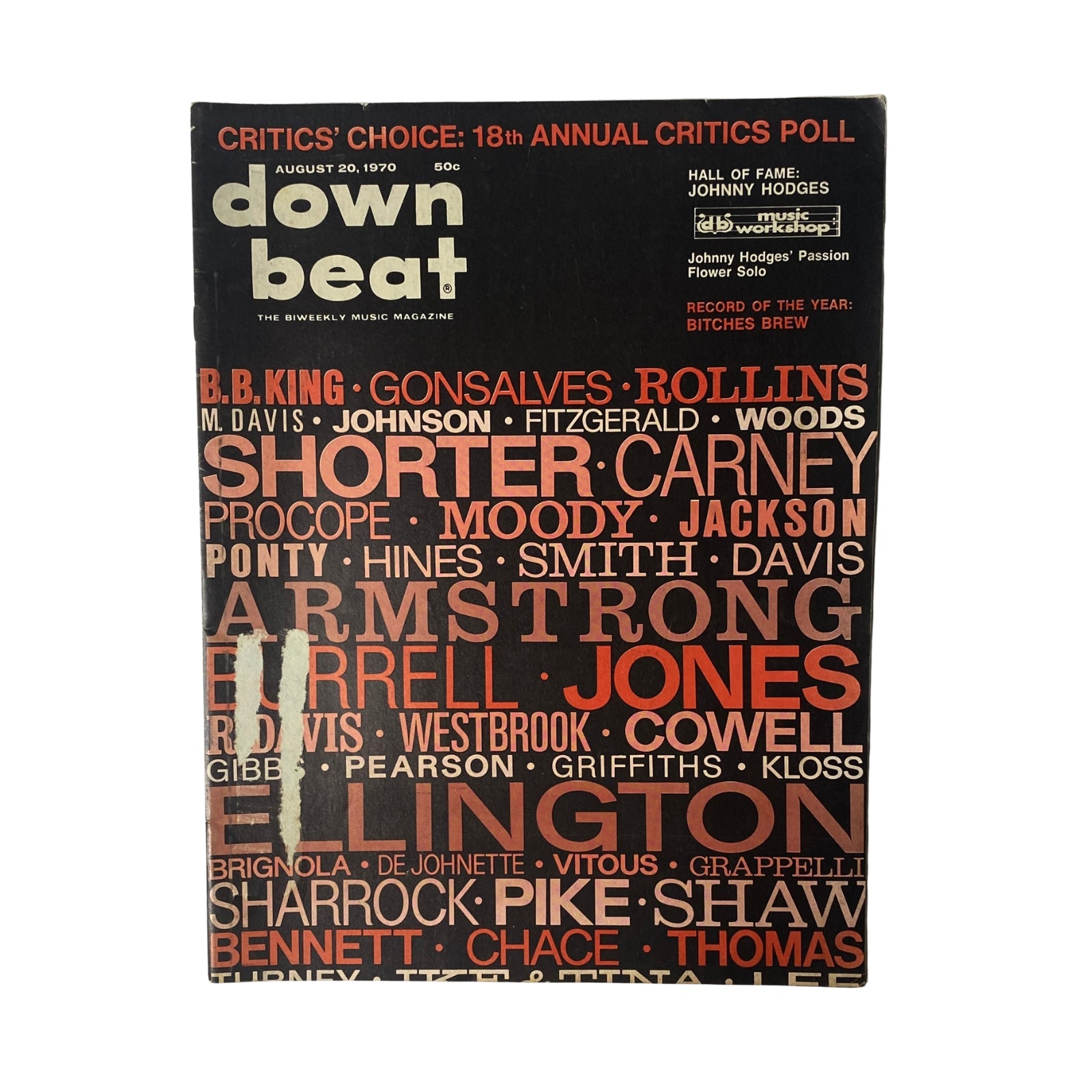 Cover of Down Beat Magazine August 20, 1970, Vol 37 No. 16 featuring the 18th Annual Critics Poll with highlights on notable jazz artists including B.B. King, John Coltrane, and Louis Armstrong.