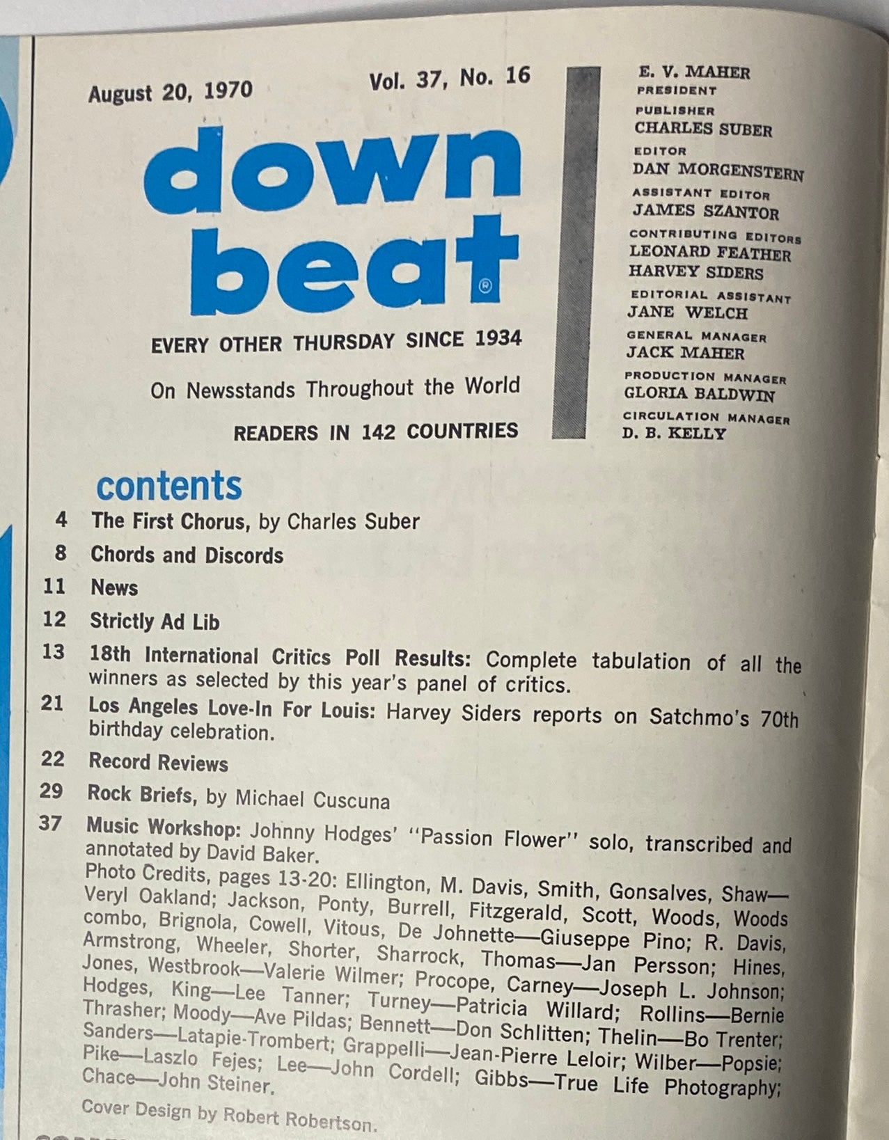 Table of contents page from Down Beat Magazine August 20, 1970, Vol 37 No. 16, listing features including news, '18th International Critics Poll Results,' and record reviews.