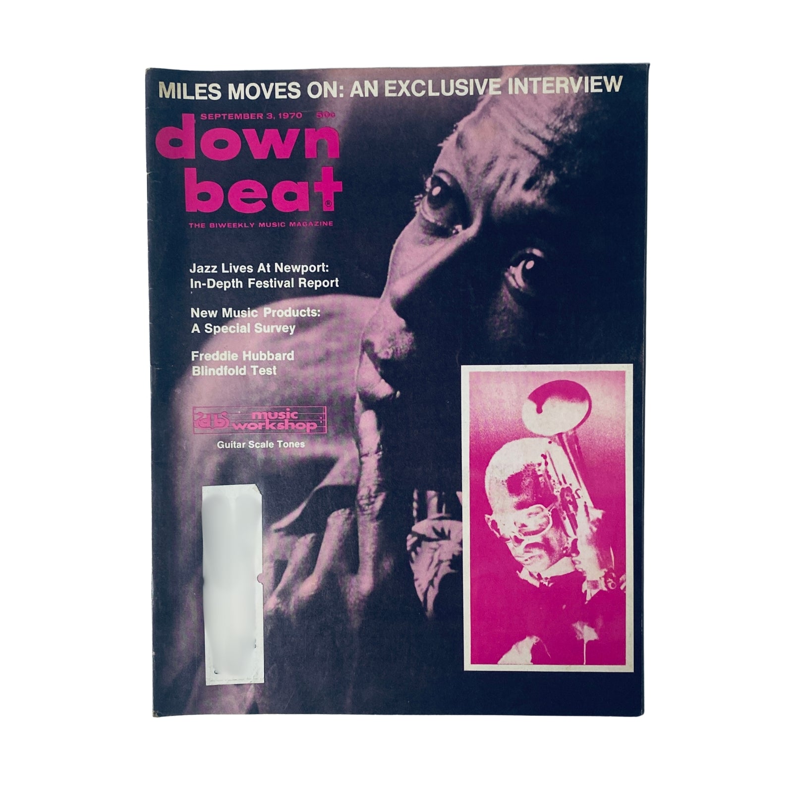 Down Beat Magazine from September 3, 1970, featuring Miles Davis on the cover, highlighting major music topics including the Newport Festival and an exclusive interview with Freddie Hubbard.