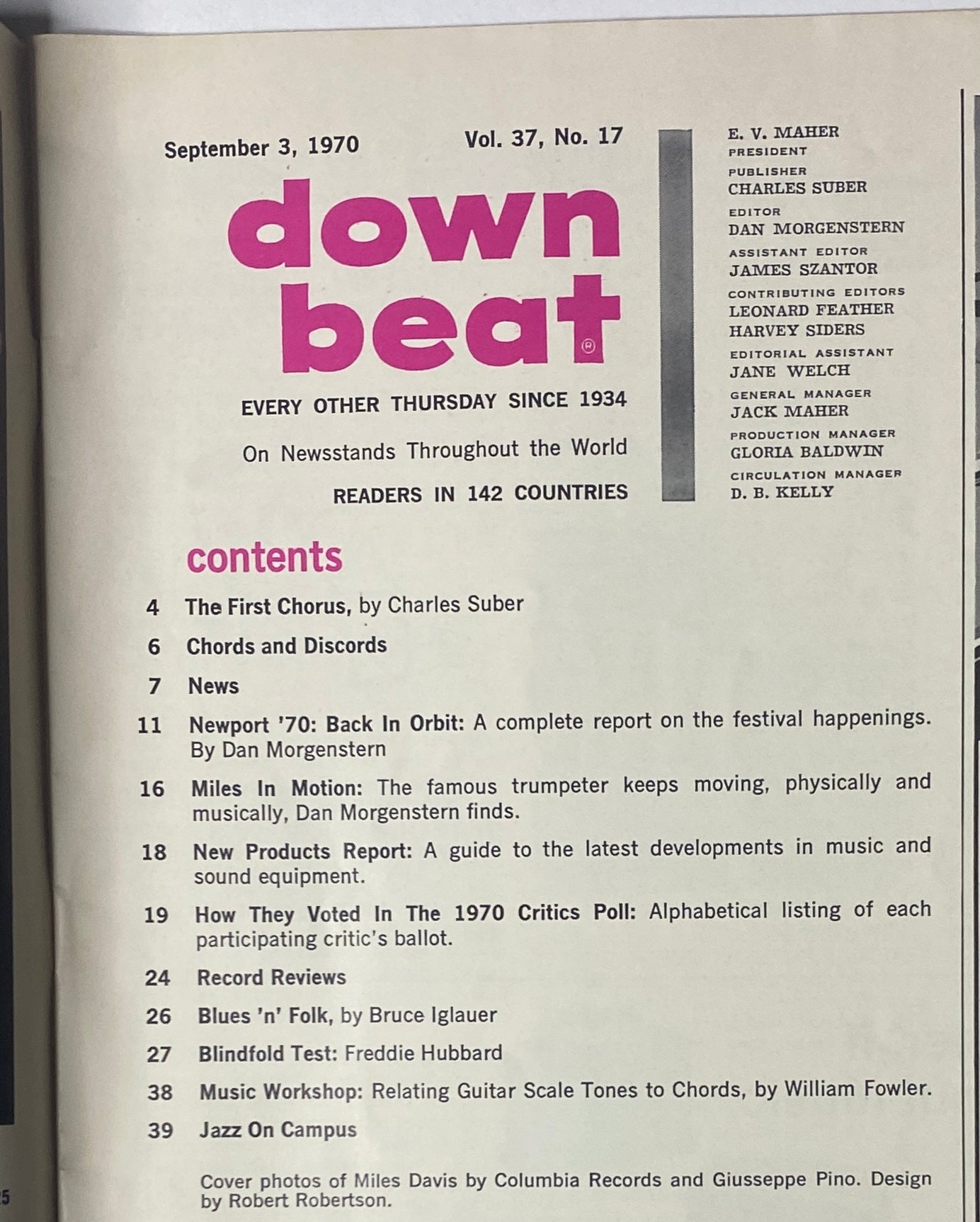 Inside page of Down Beat Magazine, September 3, 1970, Vol. 37 No. 17, listing contents including articles on Miles Davis, jazz festivals, and music product reviews.