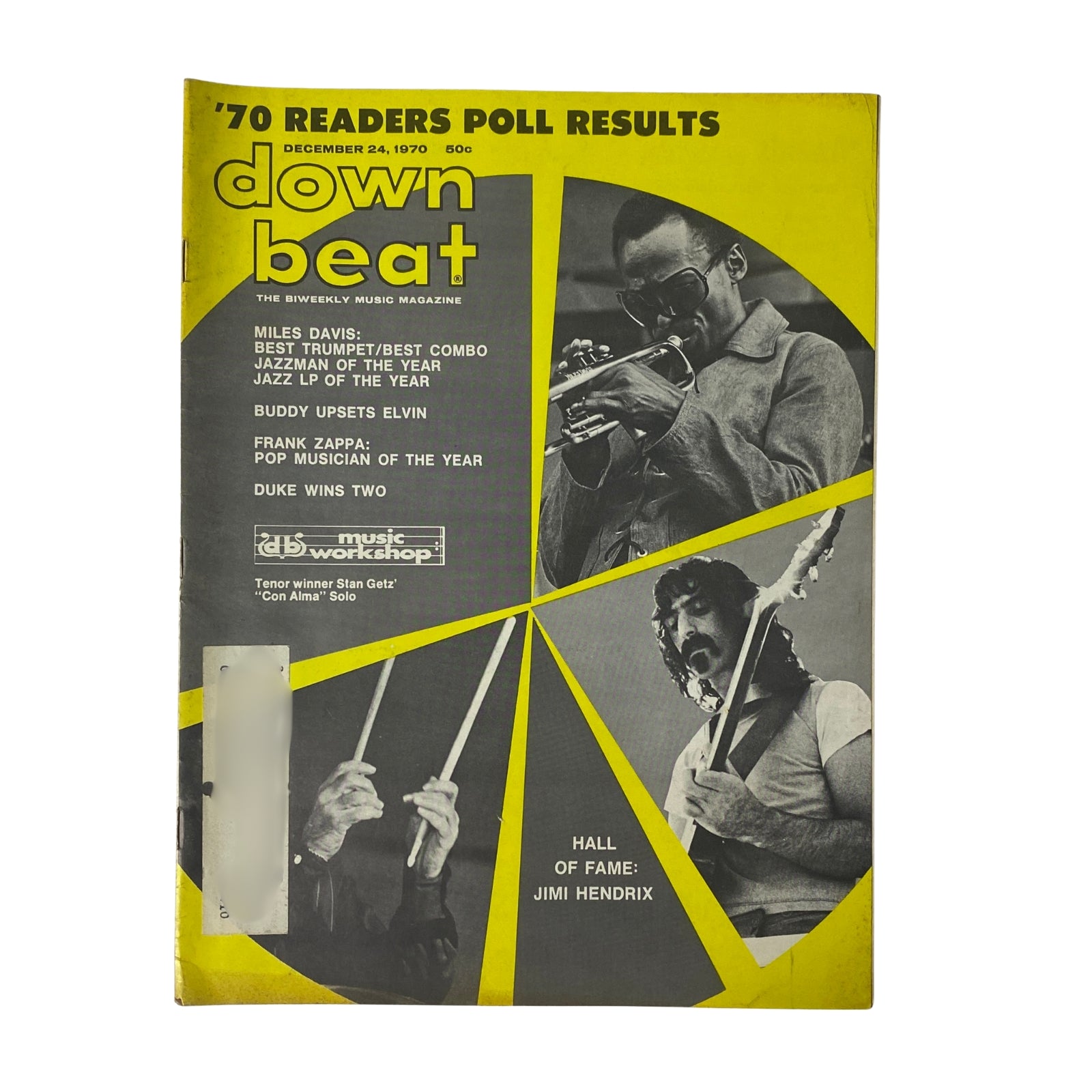 Cover of Down Beat Magazine December 24, 1970 Vol 37 No 26 featuring the Hall of Fame induction of Jimi Hendrix and the results of the 1970 Readers Poll showcasing top jazz artists.