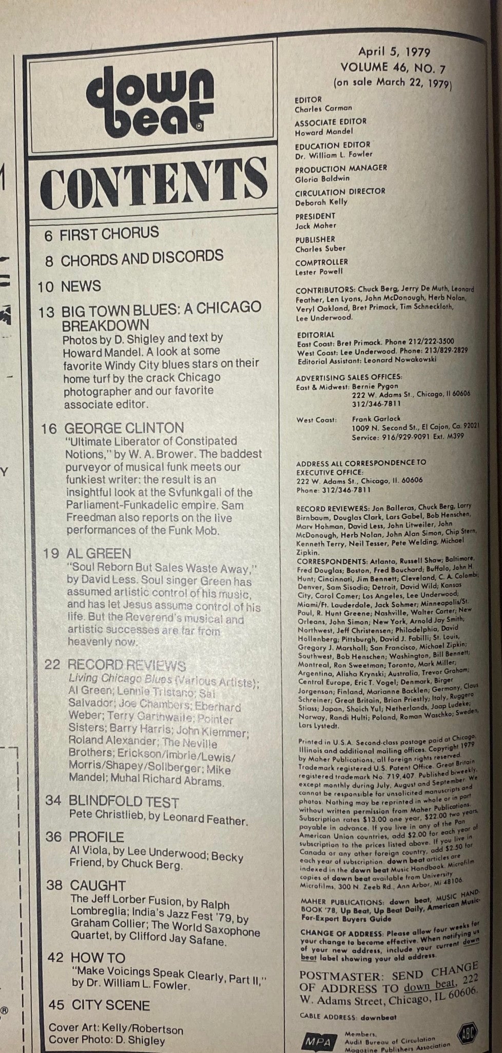 Table of Contents from Down Beat Magazine April 5, 1979 Vol 46 No 7, listing features including articles on Al Green and George Clinton, along with reviews and contemporary music news.