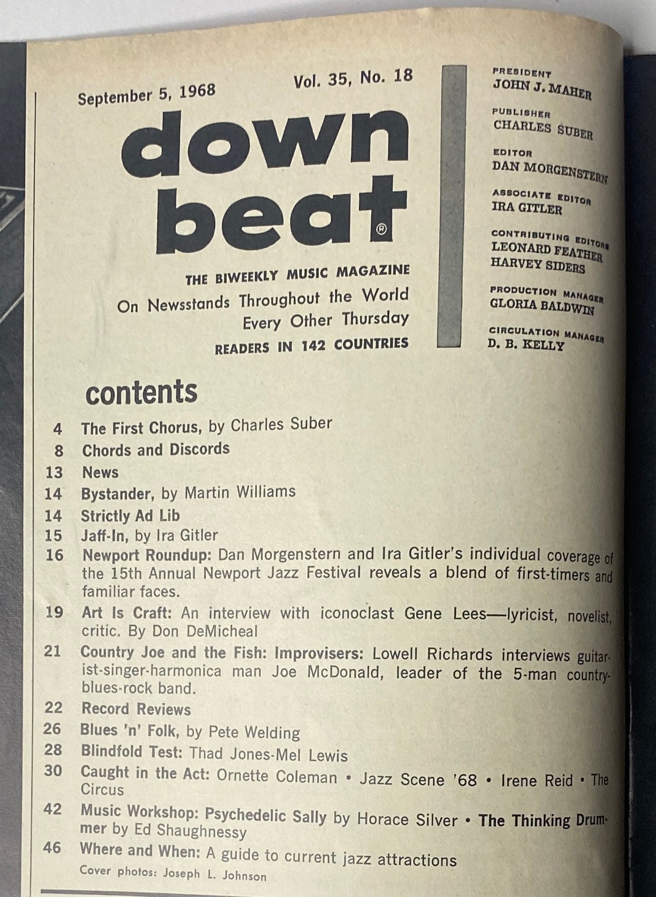Contents page of Down Beat Magazine, September 5, 1968, Vol. 35 No. 18, listing articles including features on Horace Silver and Ed Shaughnessy.