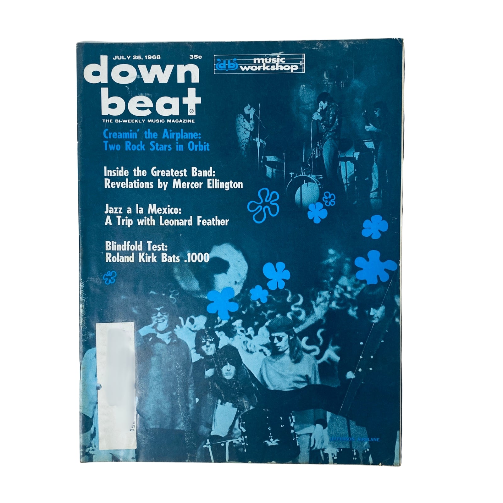 Cover of Down Beat Magazine July 25, 1968 Vol 35 No. 15 featuring articles on Leonard Feather and Roland Kirk, with a blue background and psychedelic motifs.