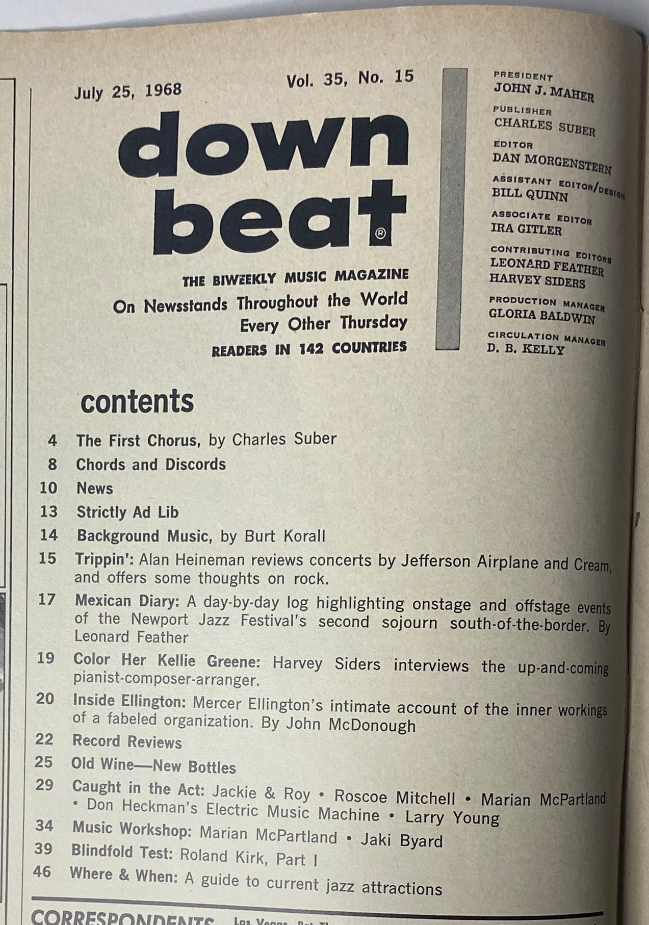 Table of contents of Down Beat Magazine July 25, 1968 Vol 35 No. 15, detailing features including 'Mexican Diary' by Leonard Feather and 'Blindfold Test' with Roland Kirk.