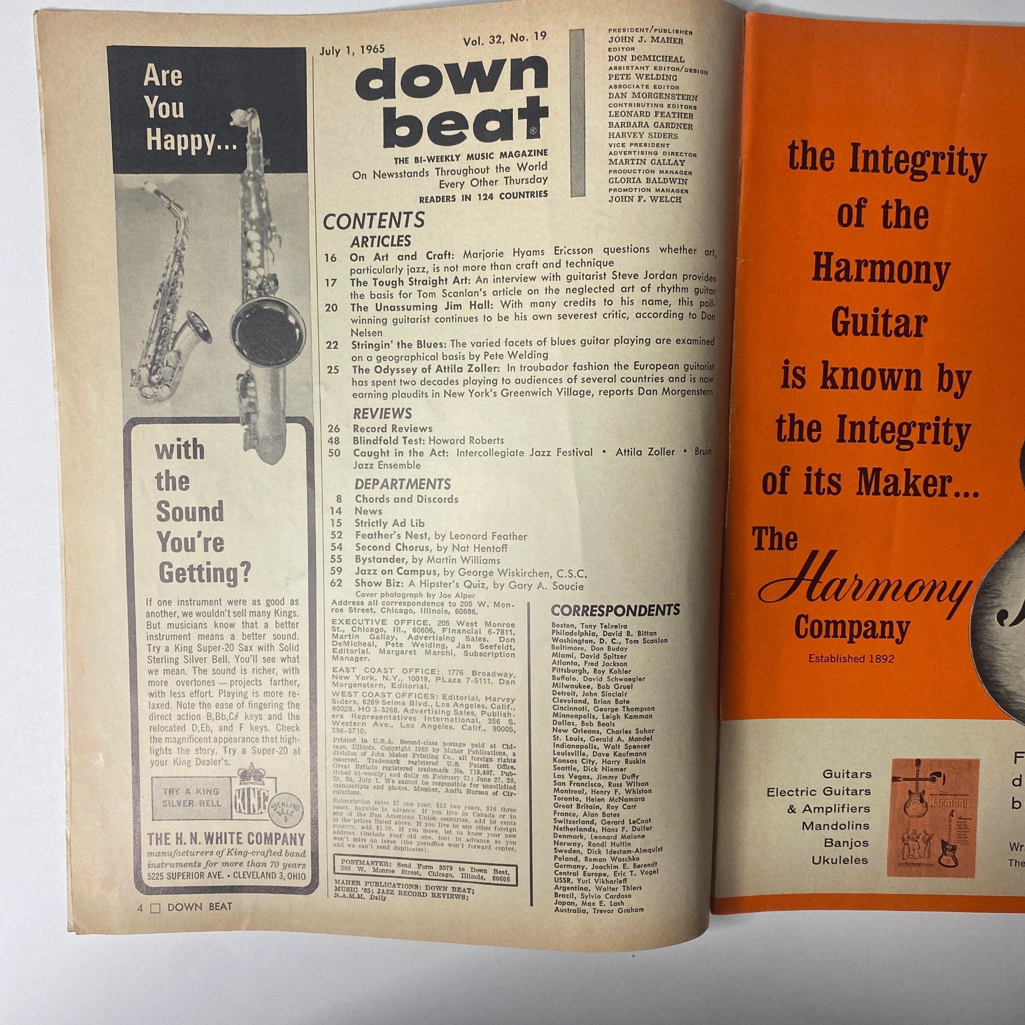 Inside page of Down Beat Magazine July 1, 1965 Vol 32 No 19 displaying the table of contents, including articles on jazz guitar and contributions from various authors, emphasizing the rich content of this historical music magazine.