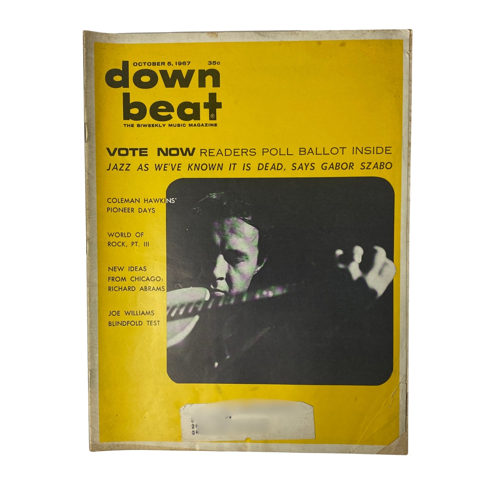 Cover of Down Beat Magazine, October 5, 1967, Vol 34 No. 20 featuring Coleman Hawkins, Joe Williams, and Gabor Szabo with the headline 'Jazz As We've Known It Is Dead, Says Gabor Szabo.'