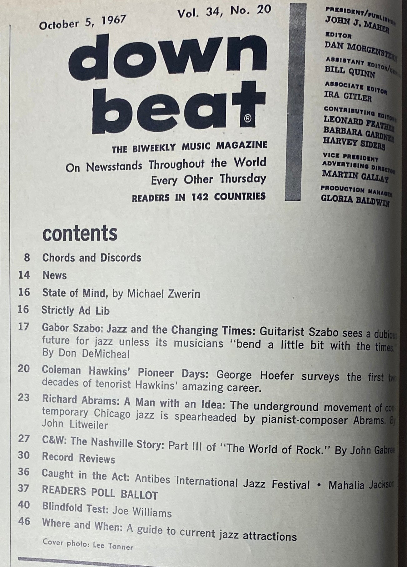Contents page of Down Beat Magazine, October 5, 1967, Vol 34 No. 20 outlining features on Coleman Hawkins, Gabor Szabo, and Joe Williams, including articles and a blindfold test.