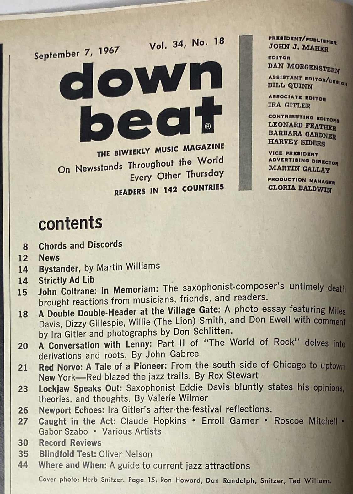 Cover of Down Beat Magazine, September 7, 1967, Volume 34, Number 18, featuring a special tribute to John Coltrane and a table of contents highlighting articles on jazz musicians and events.