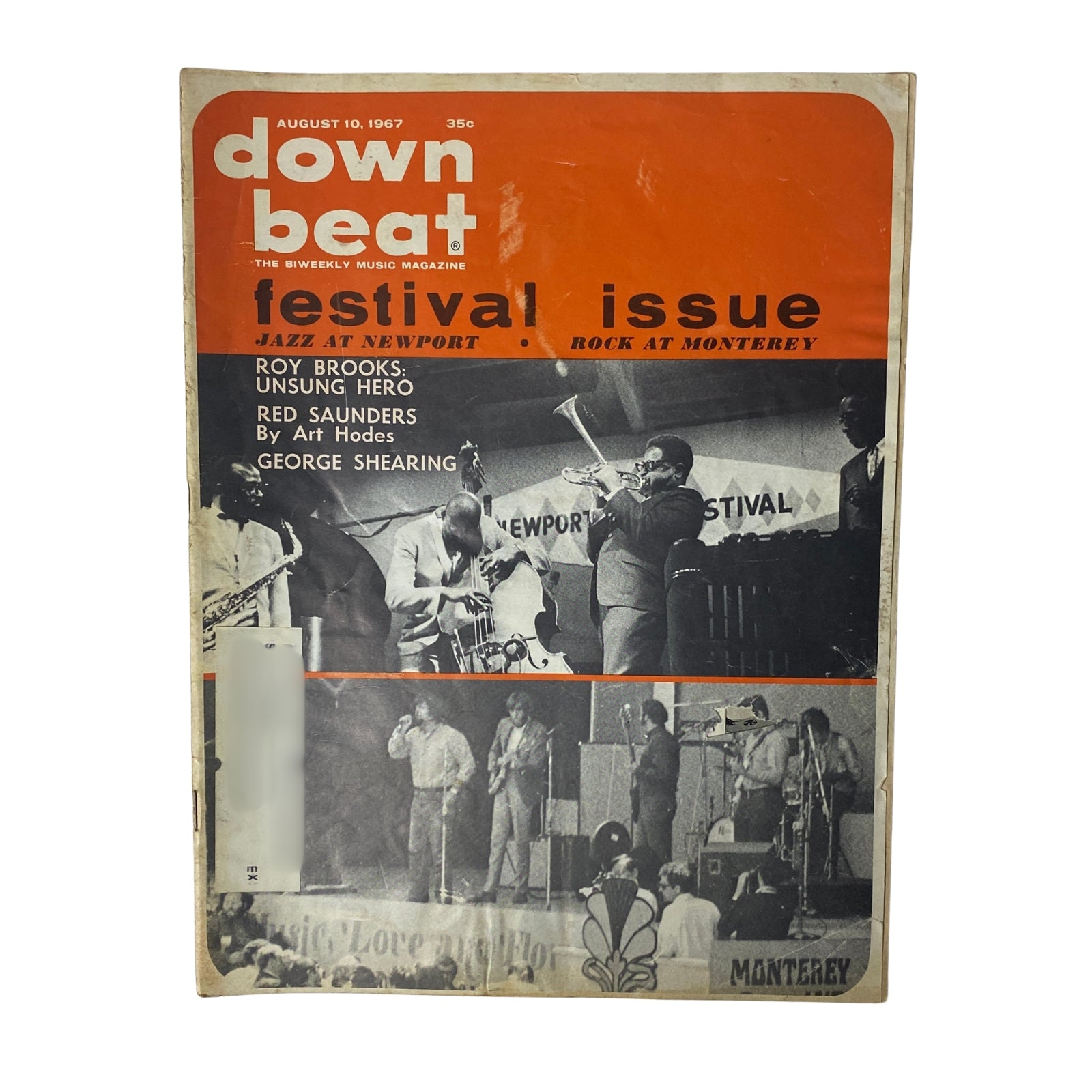 Cover of Down Beat Magazine August 10, 1967 Vol 34 No 16 featuring Roy Brooks and George Shearing, highlighting festival coverage at Newport and Monterey.