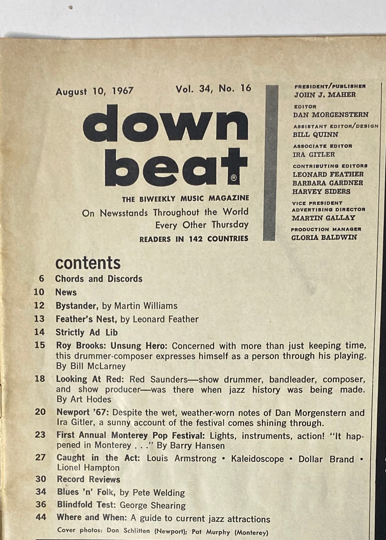 Table of contents from Down Beat Magazine August 10, 1967 Vol 34 No 16, listing articles including features on Roy Brooks and Red Saunders.
