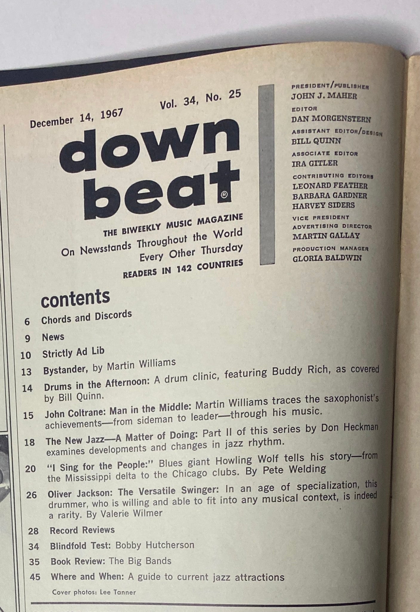 Inside page of Down Beat Magazine December 14, 1967 Vol 34 No 25, displaying the table of contents, including articles on jazz musicians like Buddy Rich and Howlin' Wolf.
