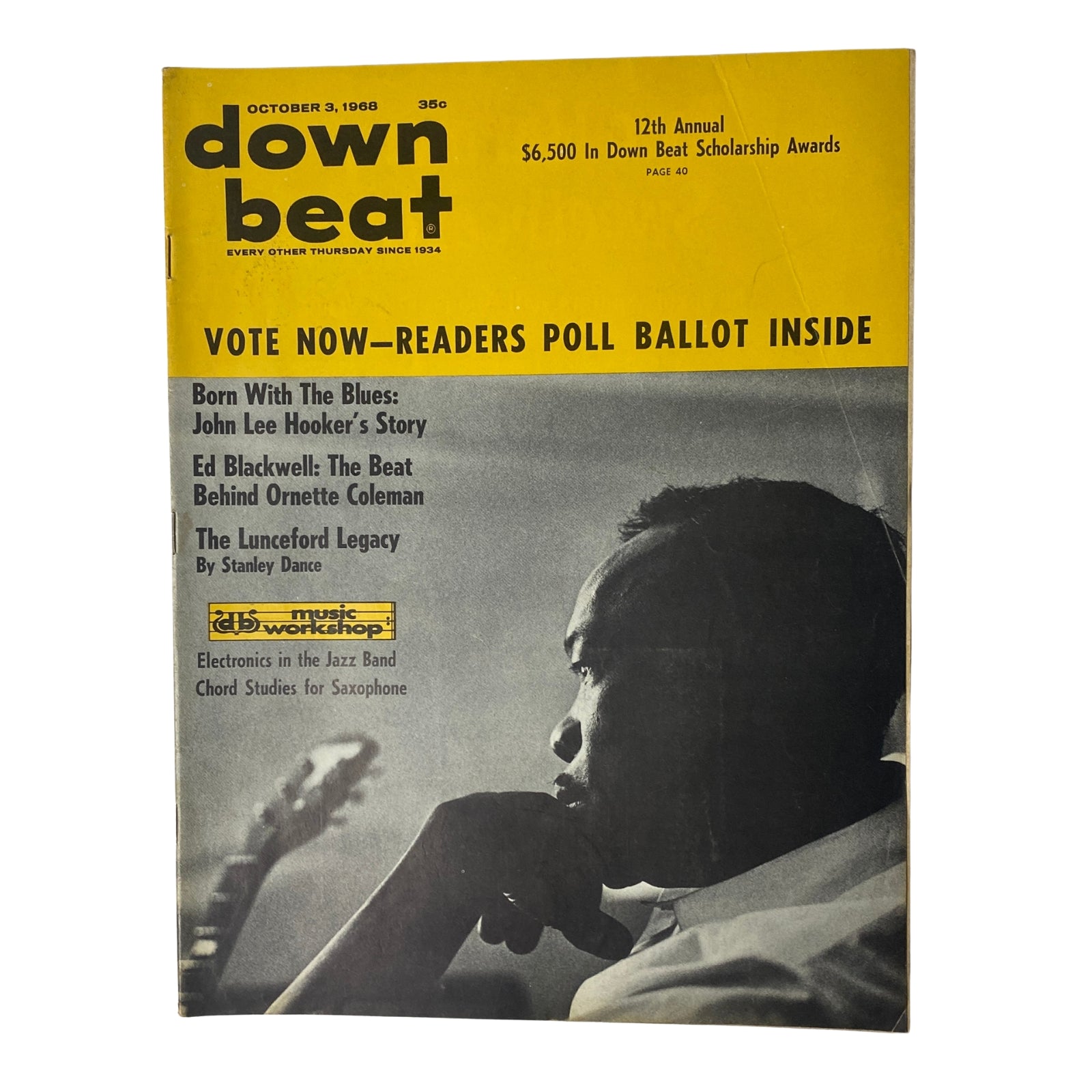 Cover of Down Beat Magazine, October 3, 1968, Vol. 35 No. 20, featuring John Lee Hooker's story and the 12th Annual Down Beat Scholarship Awards information.