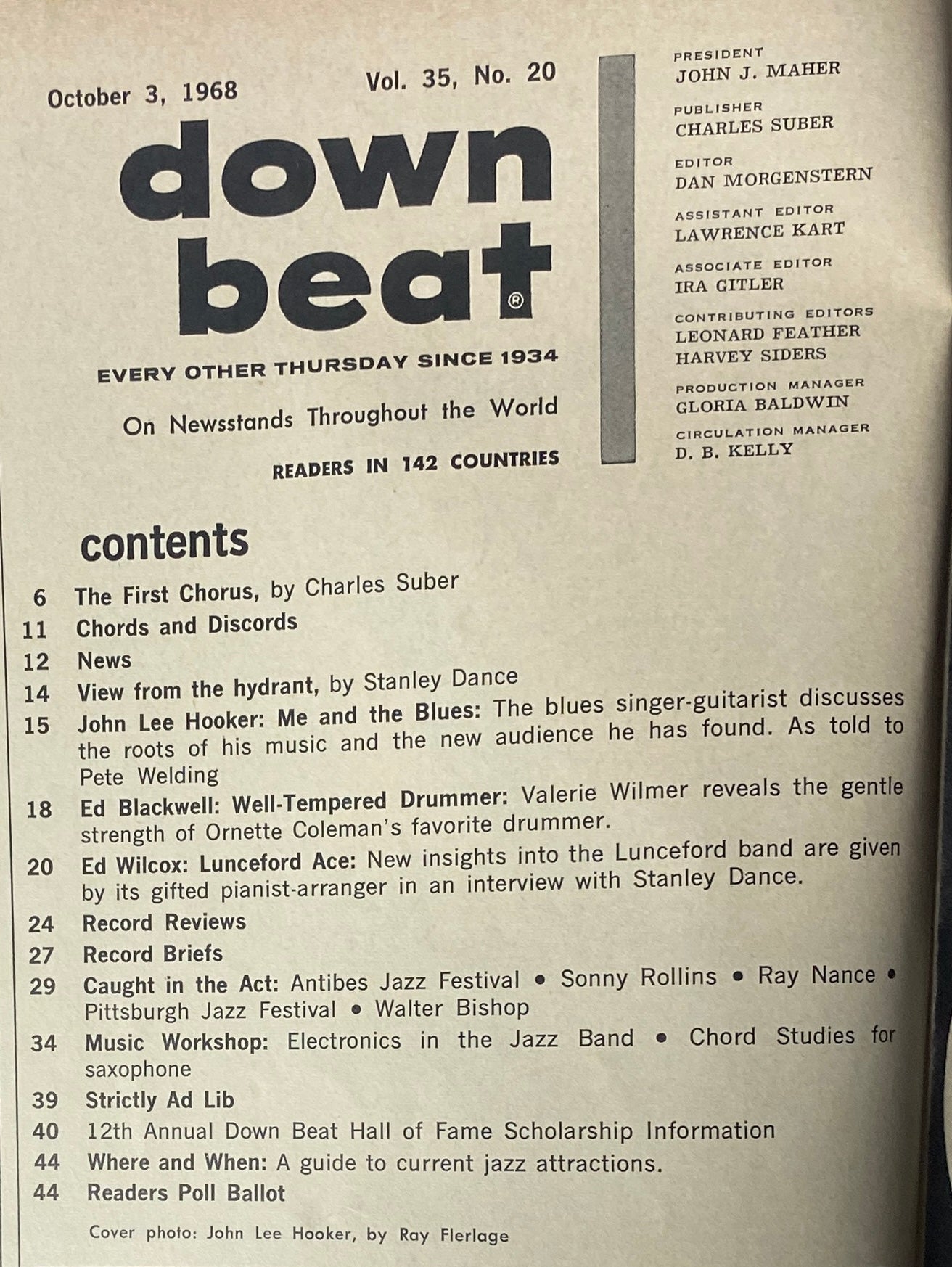 Contents page of Down Beat Magazine, October 3, 1968, Vol. 35 No. 20, detailing features including John Lee Hooker's story and Ed Blackwell's profile.