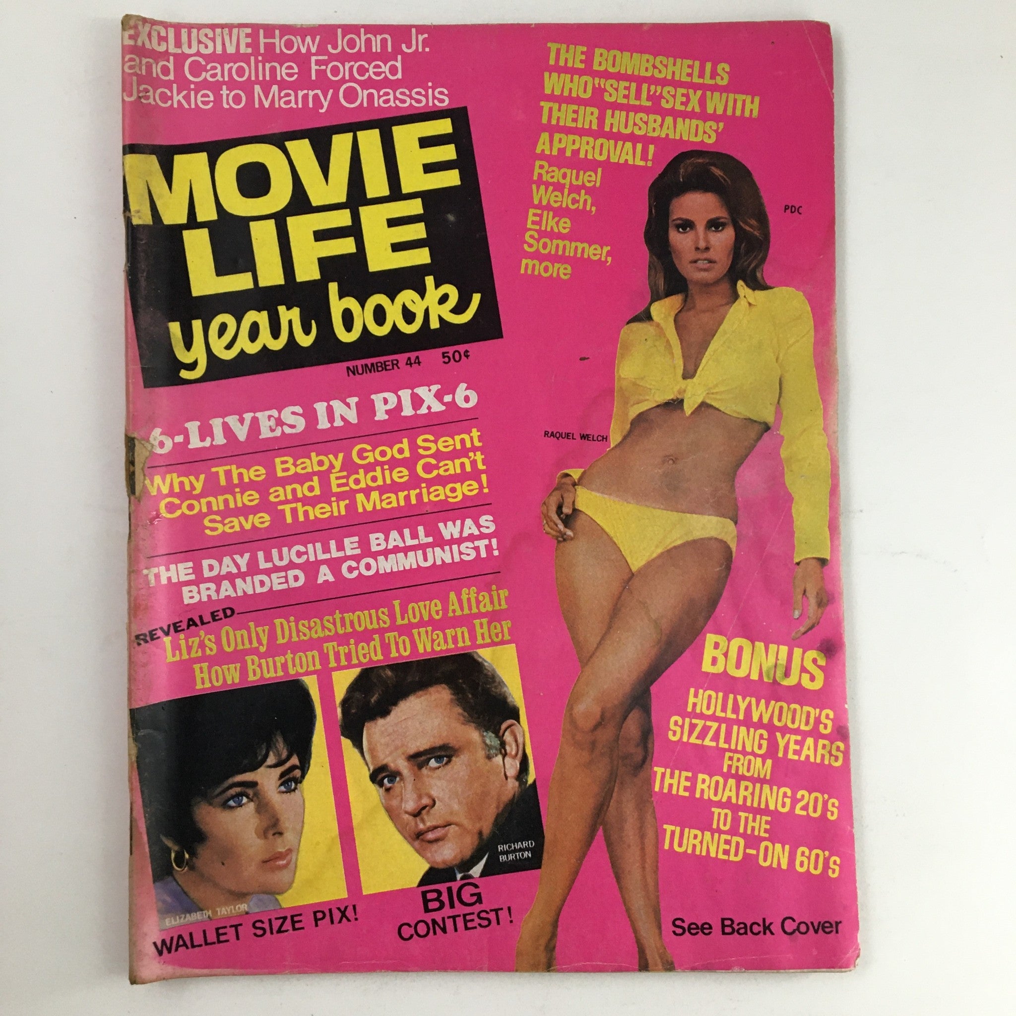 Cover of Movie Life Yearbook #44 from 1968 featuring Elizabeth Taylor, Richard Burton, and Raquel Welch. The magazine is vibrant pink with bold headings discussing Hollywood's iconic stars and scandals of the era.
