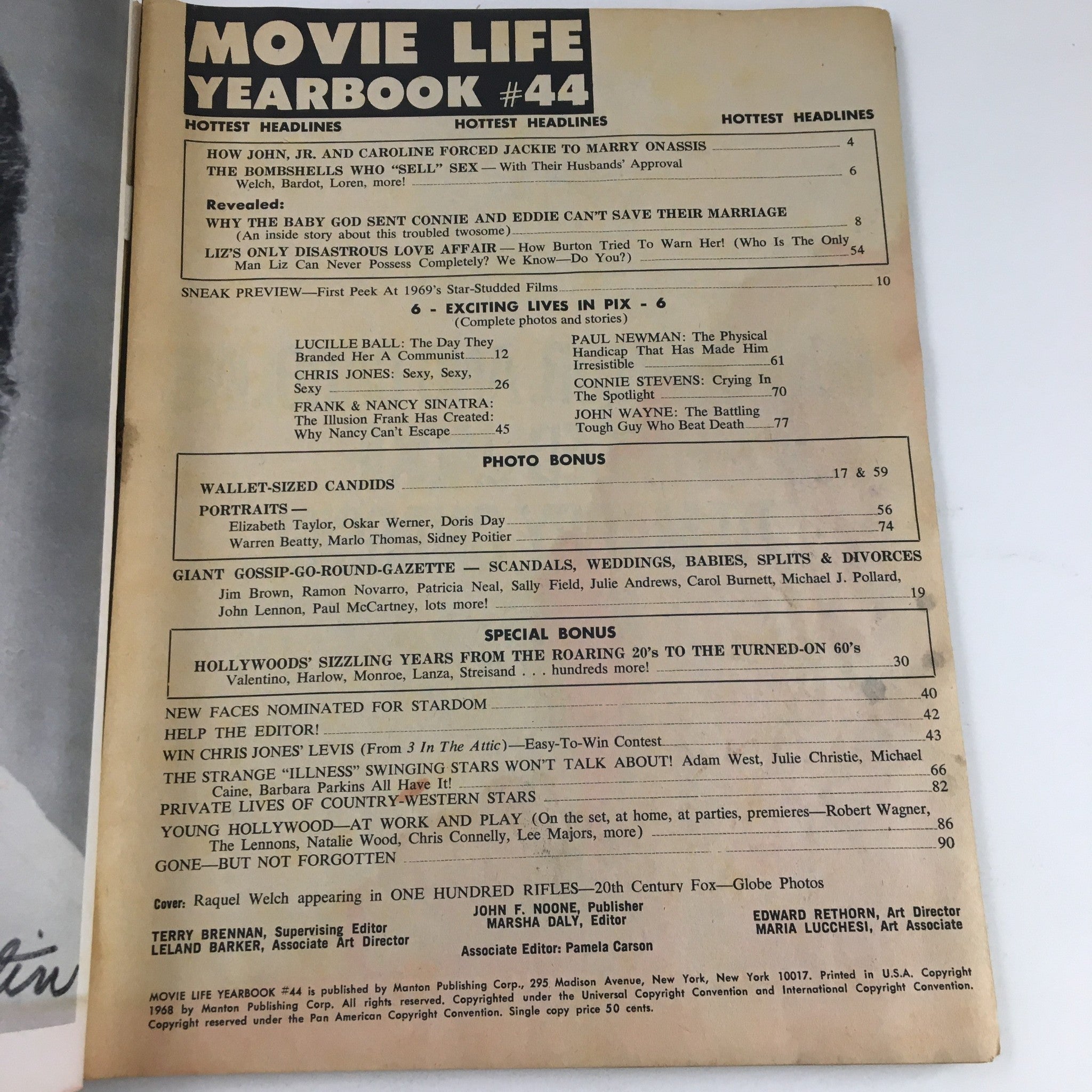 Image of the Movie Life Yearbook #44 from 1968, featuring the table of contents including celebrities like Elizabeth Taylor and Richard Burton, showcasing notable headlines and special features reflecting Hollywood's classic cinema era.
