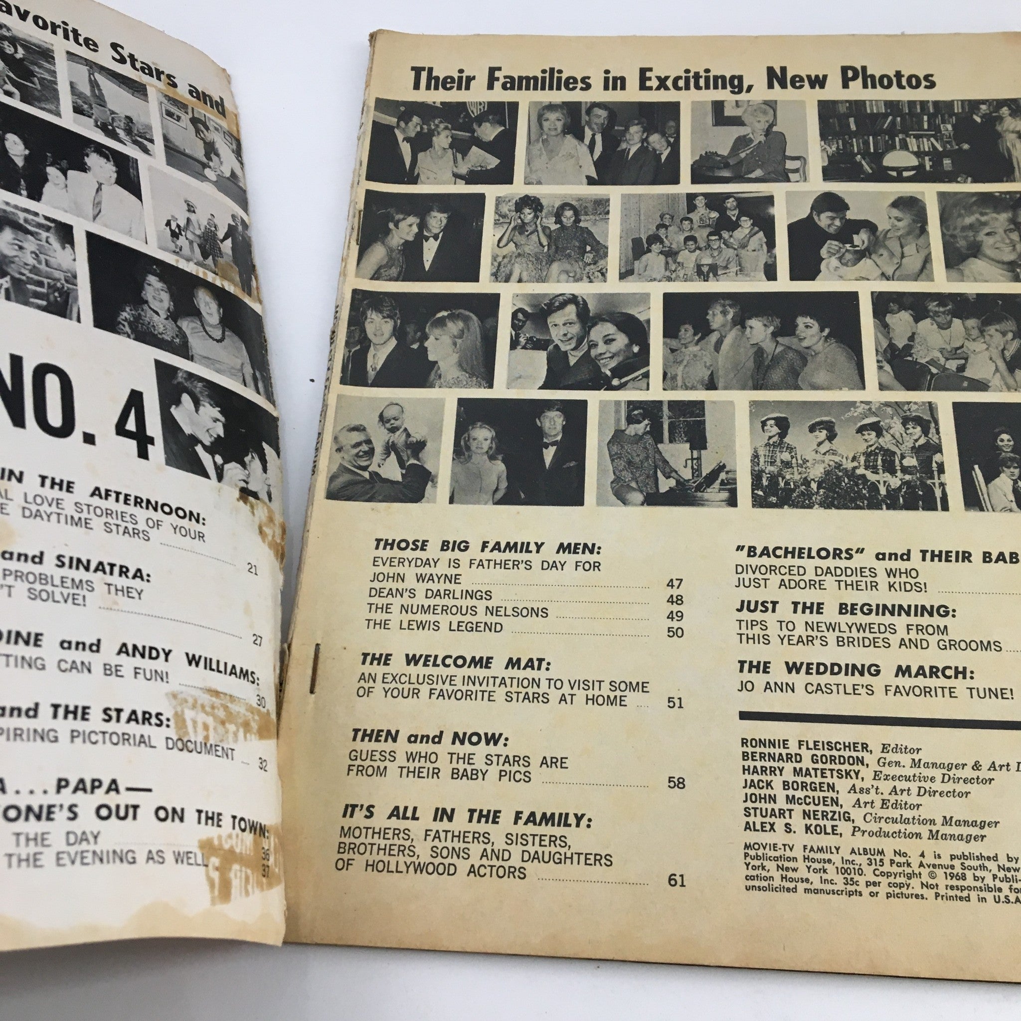Interior view of Movie TV Family Album No. 4 showcasing photos and articles about Hollywood stars and their families.