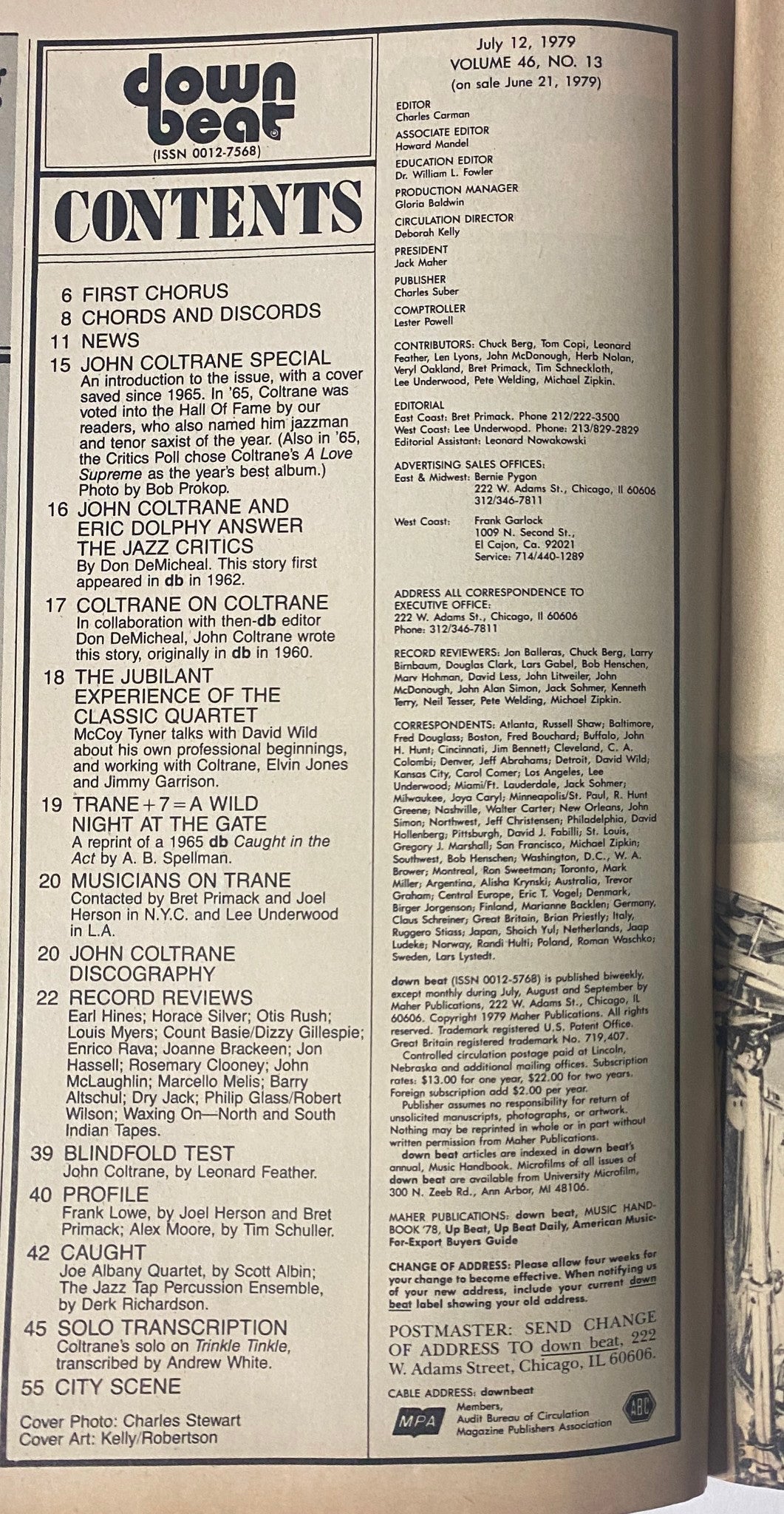 Table of contents from Down Beat Magazine July 12, 1979, Vol 46 No 13, featuring articles on John Coltrane, jazz music, and various reviews.
