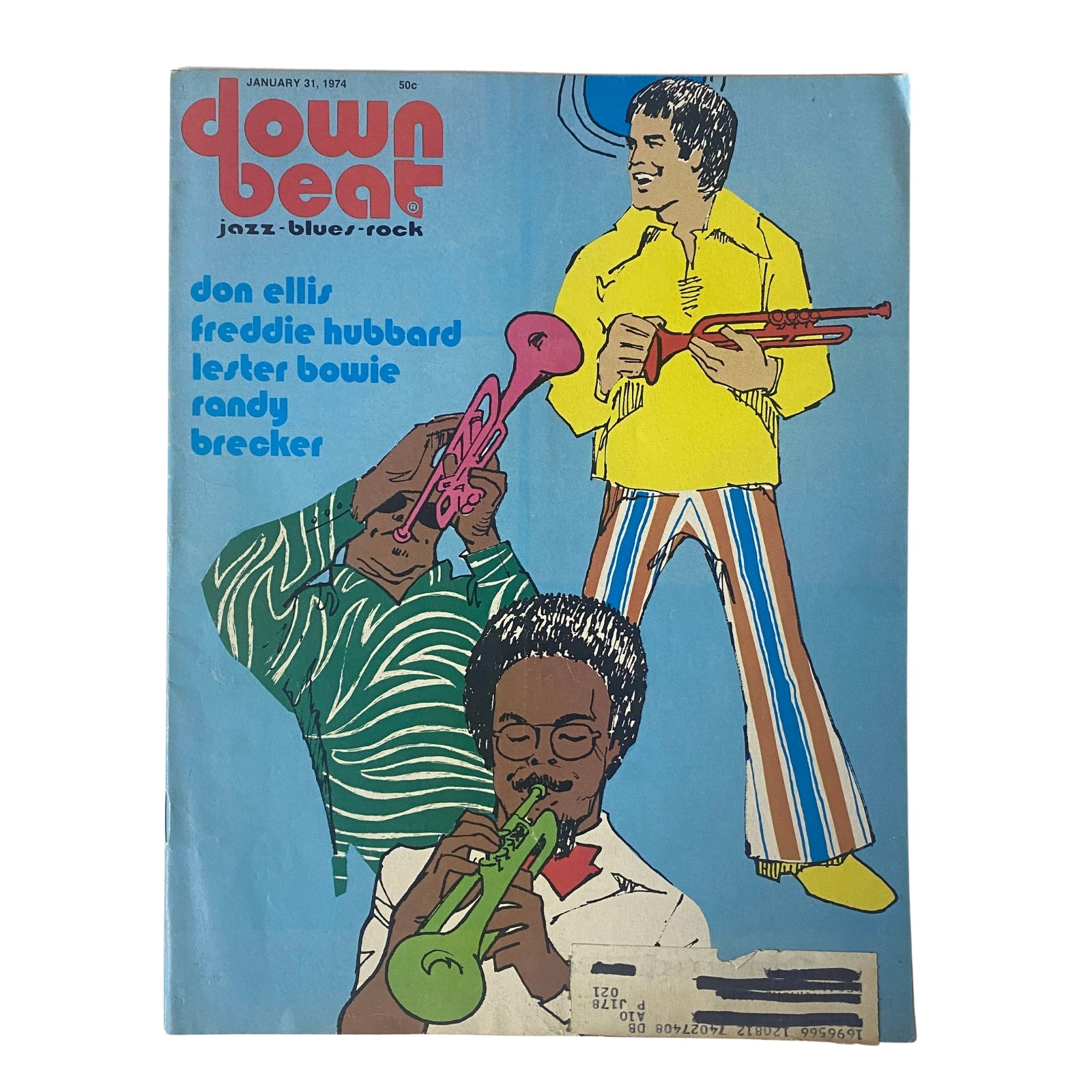 Cover of Down Beat Magazine January 31, 1974, Vol. 41 No. 2 featuring Don Ellis, Freddie Hubbard, Lester Bowie, and Randy Brecker with vibrant colors and jazz-themed artwork.